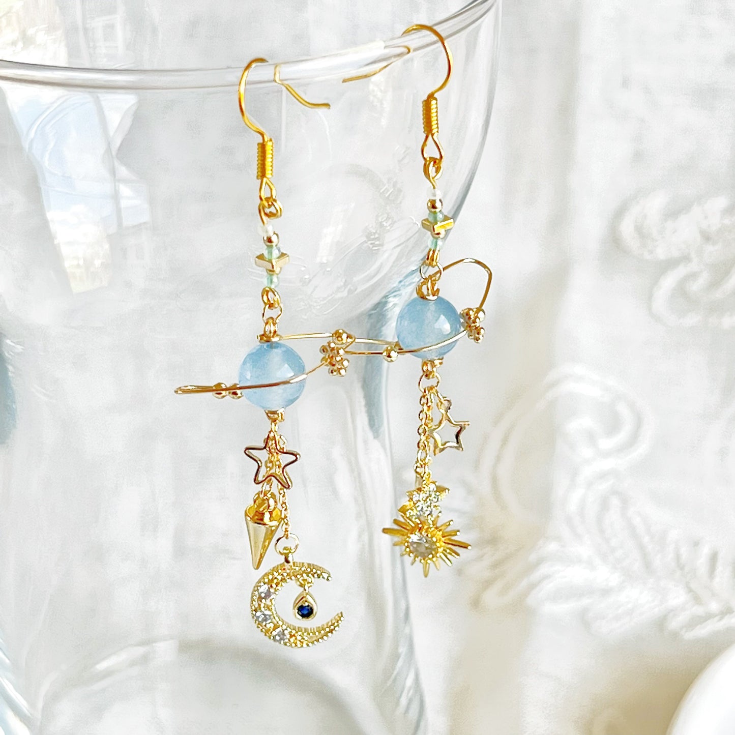 Blue Chalcedony Planet Moon and Star Earrings-Ninaouity