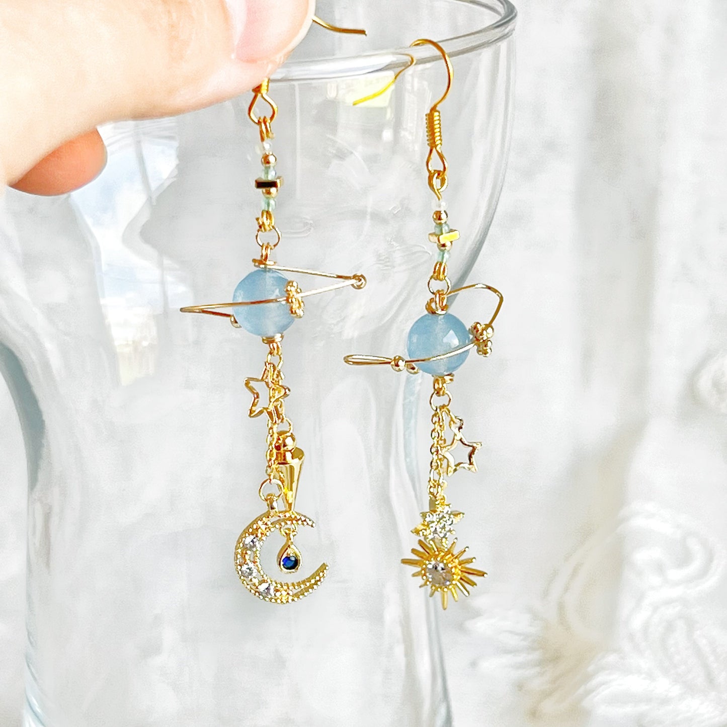 Blue Chalcedony Planet Moon and Star Earrings-Ninaouity