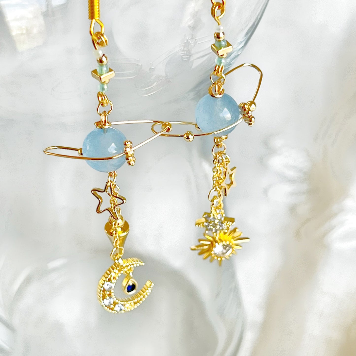 Blue Chalcedony Planet Moon and Star Earrings-Ninaouity