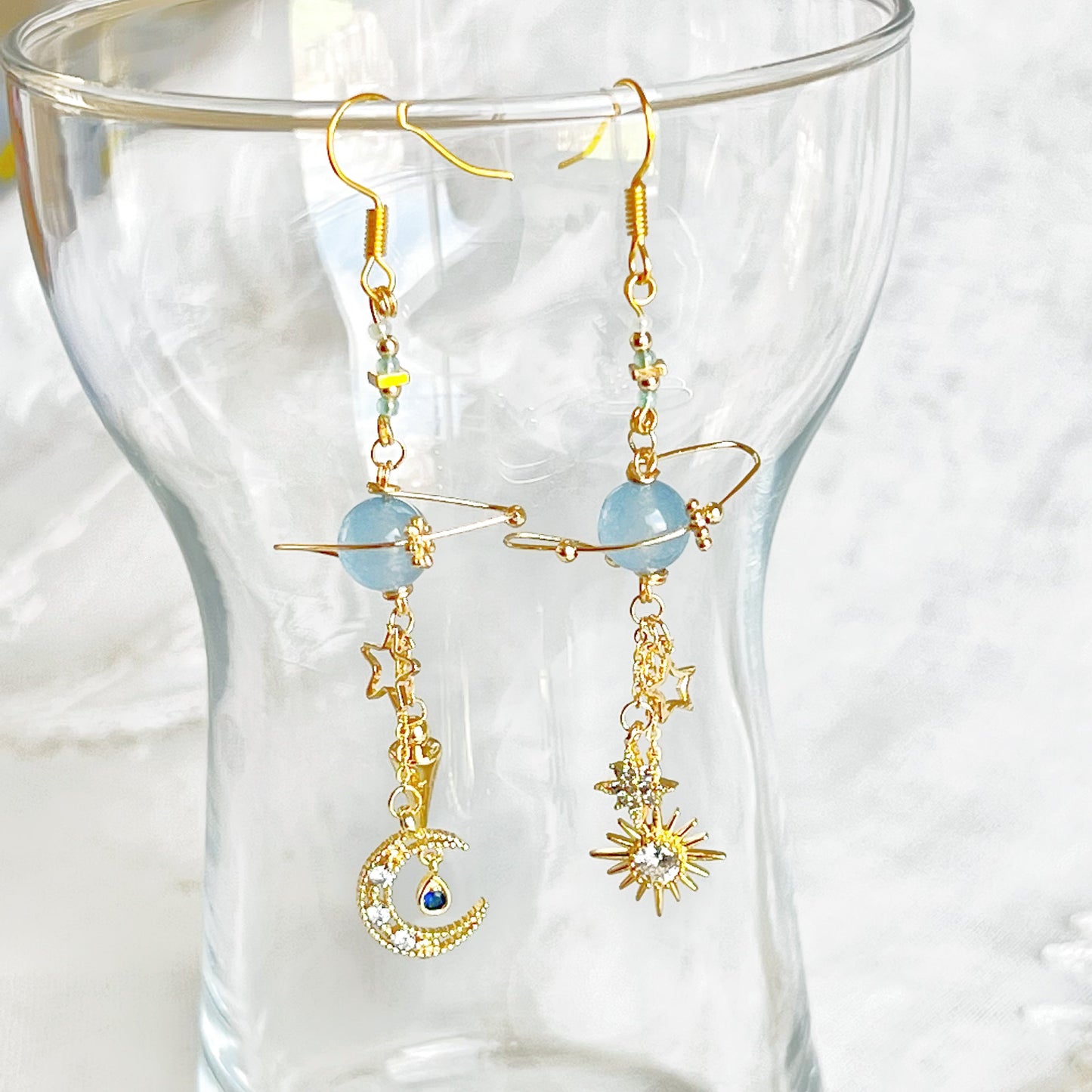 Blue Chalcedony Planet Moon and Star Earrings-Ninaouity