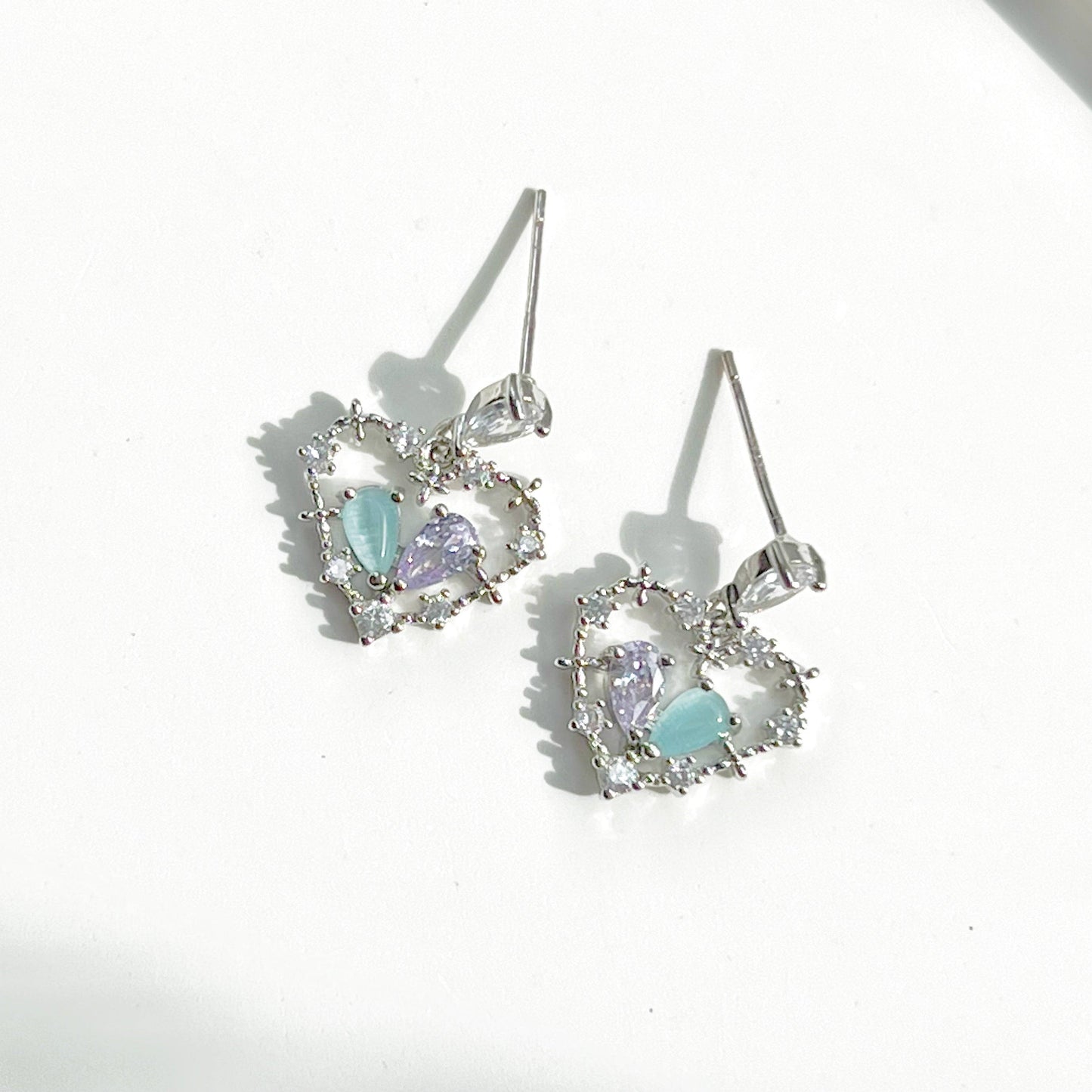 Blue Crystal Heart Drop Earrings - Silver Heart Shape Sterling Silver Studs-Ninaouity