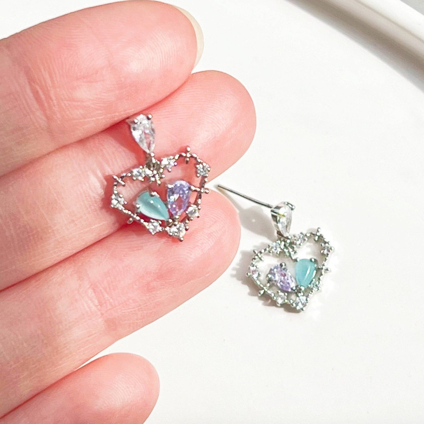 Blue Crystal Heart Drop Earrings - Silver Heart Shape Sterling Silver Studs-Ninaouity