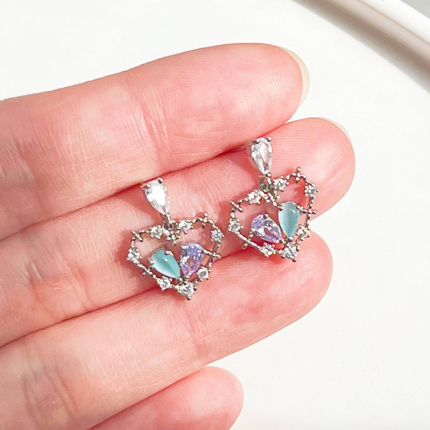 Blue Crystal Heart Drop Earrings - Silver Heart Shape Sterling Silver Studs-Ninaouity
