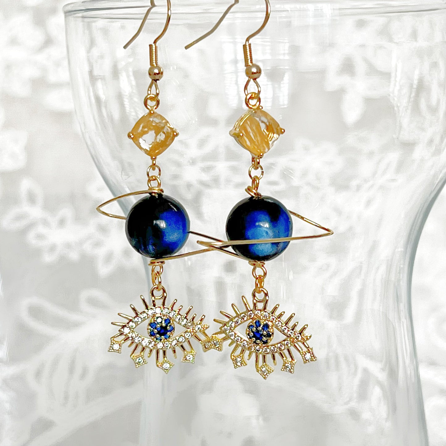 Blue Evil Eye and Planet with Citrine Drop Earrings-Ninaouity