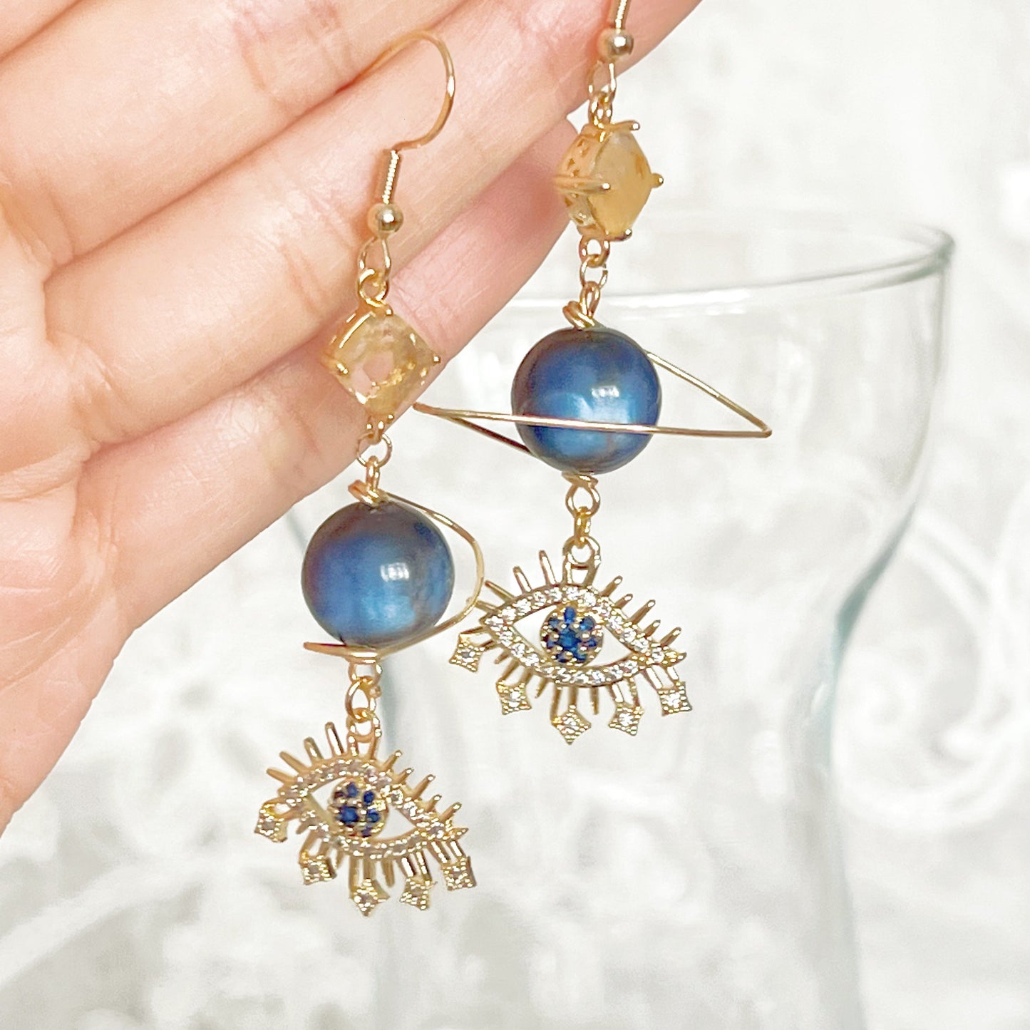 Blue Evil Eye and Planet with Citrine Drop Earrings-Ninaouity
