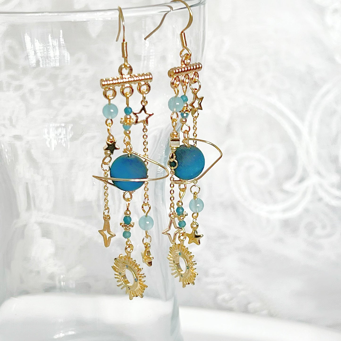 Blue Frosted Tiger's Eye Planet Earrings-Ninaouity