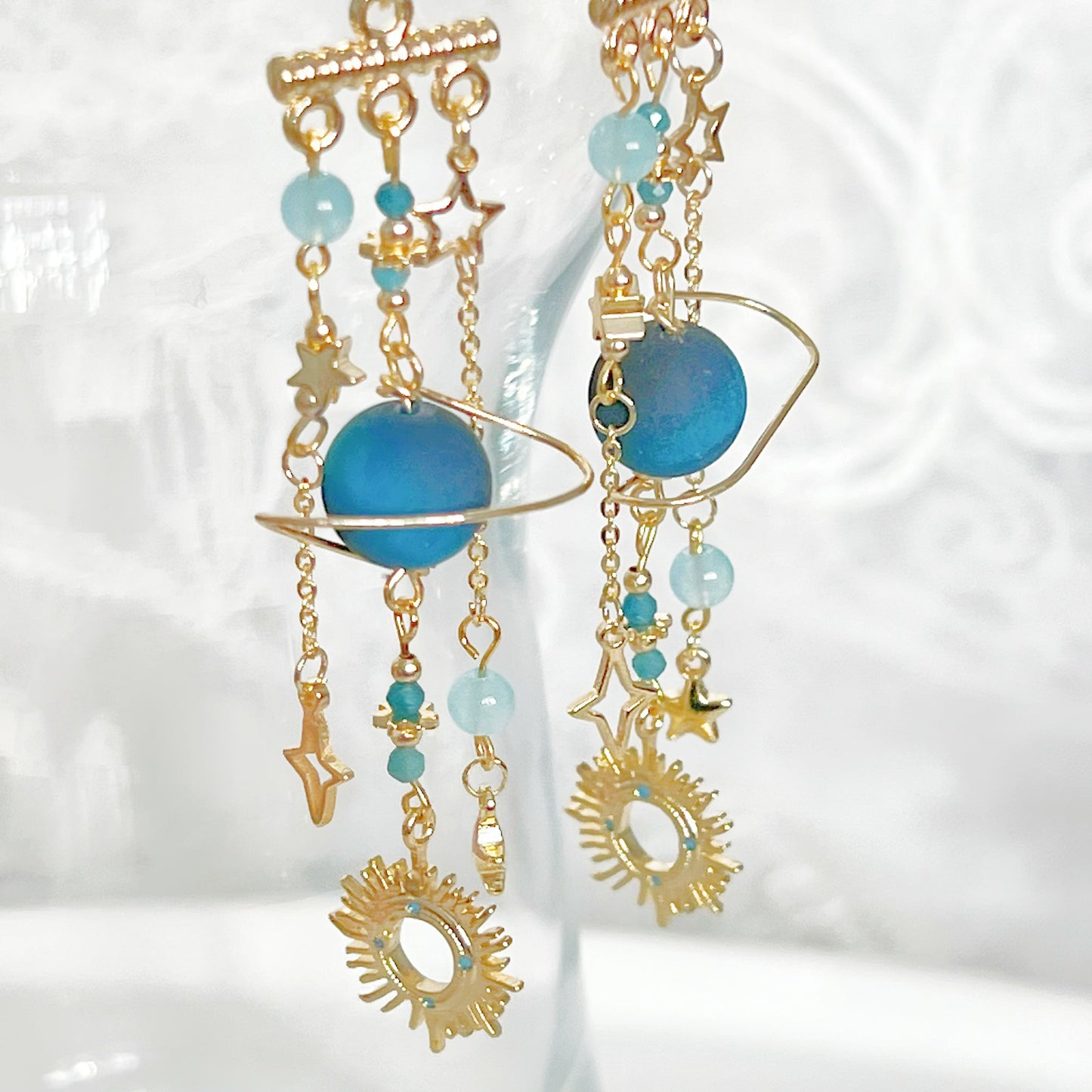 Blue Frosted Tiger's Eye Planet Earrings-Ninaouity