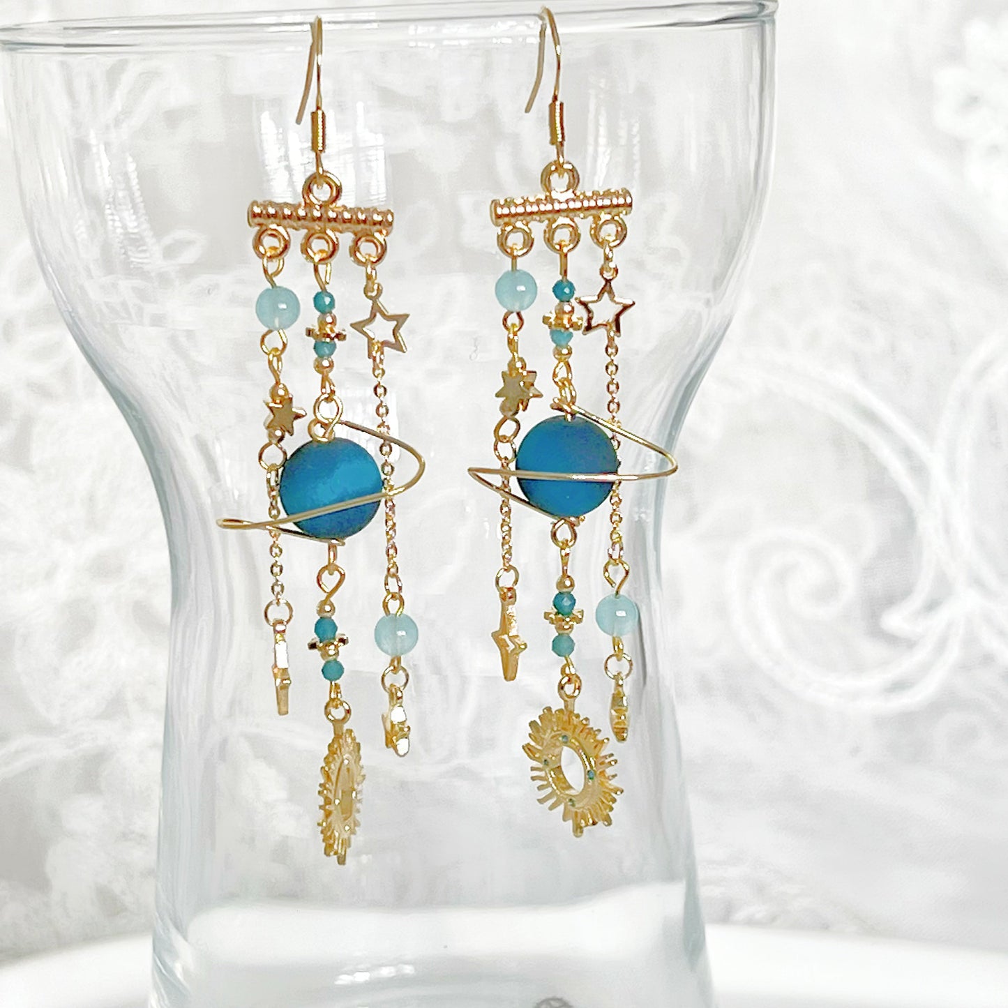 Blue Frosted Tiger's Eye Planet Earrings-Ninaouity