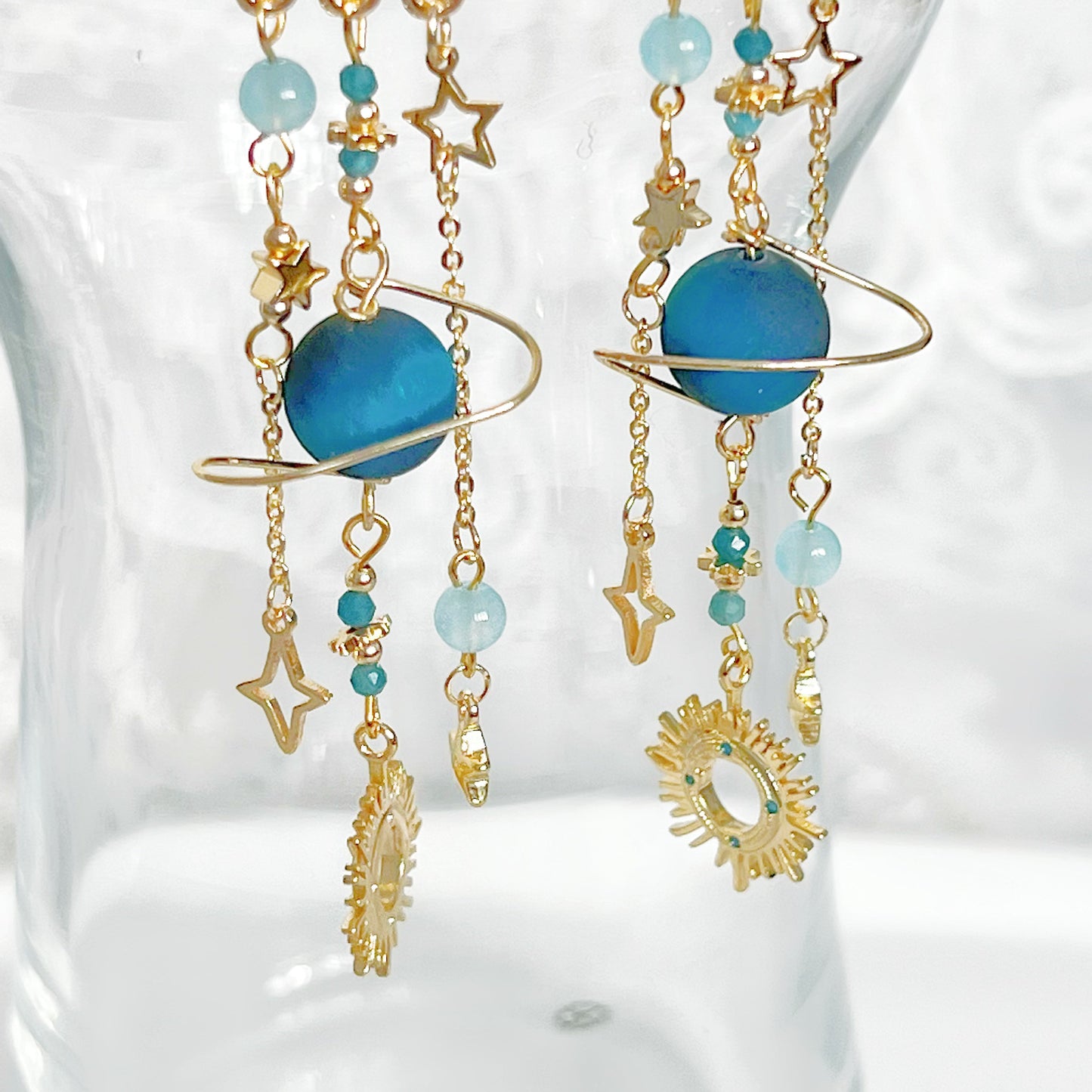 Blue Frosted Tiger's Eye Planet Earrings-Ninaouity