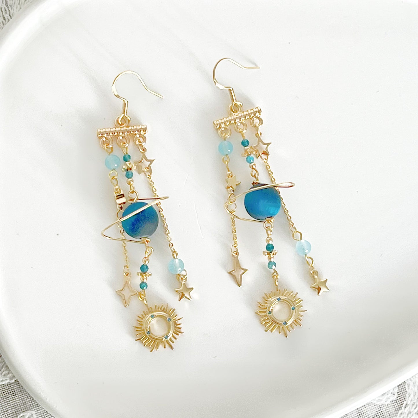 Blue Frosted Tiger's Eye Planet Earrings-Ninaouity