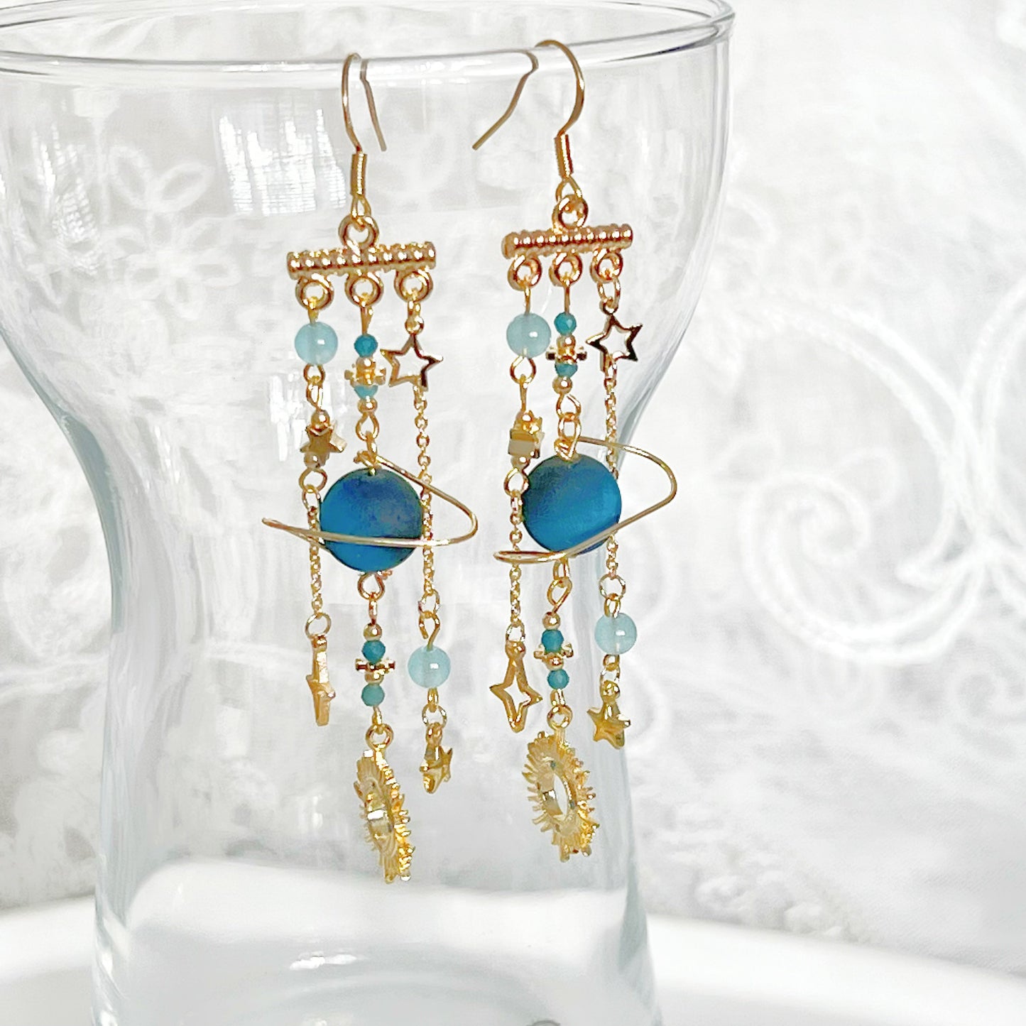 Blue Frosted Tiger's Eye Planet Earrings-Ninaouity