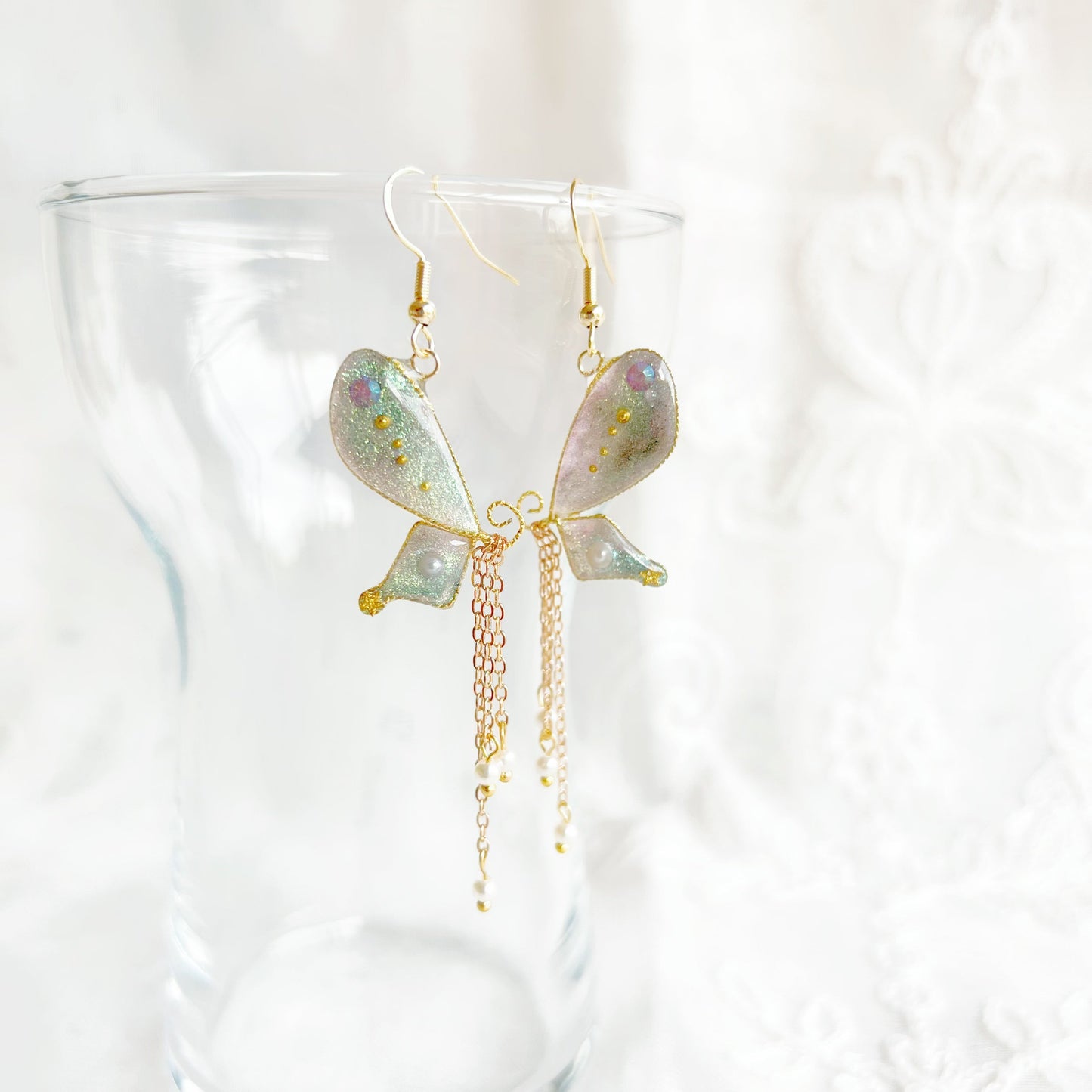 Blue Green Sparkle Glitter Butterfly Wing Earrings-Ninaouity