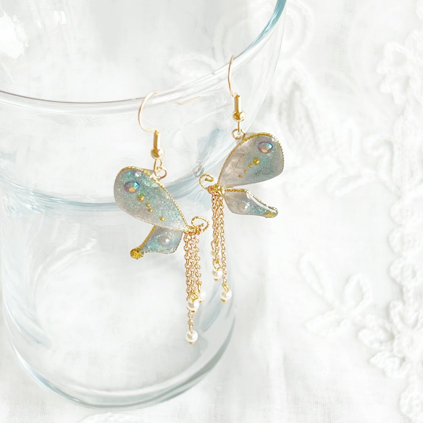 Blue Green Sparkle Glitter Butterfly Wing Earrings-Ninaouity