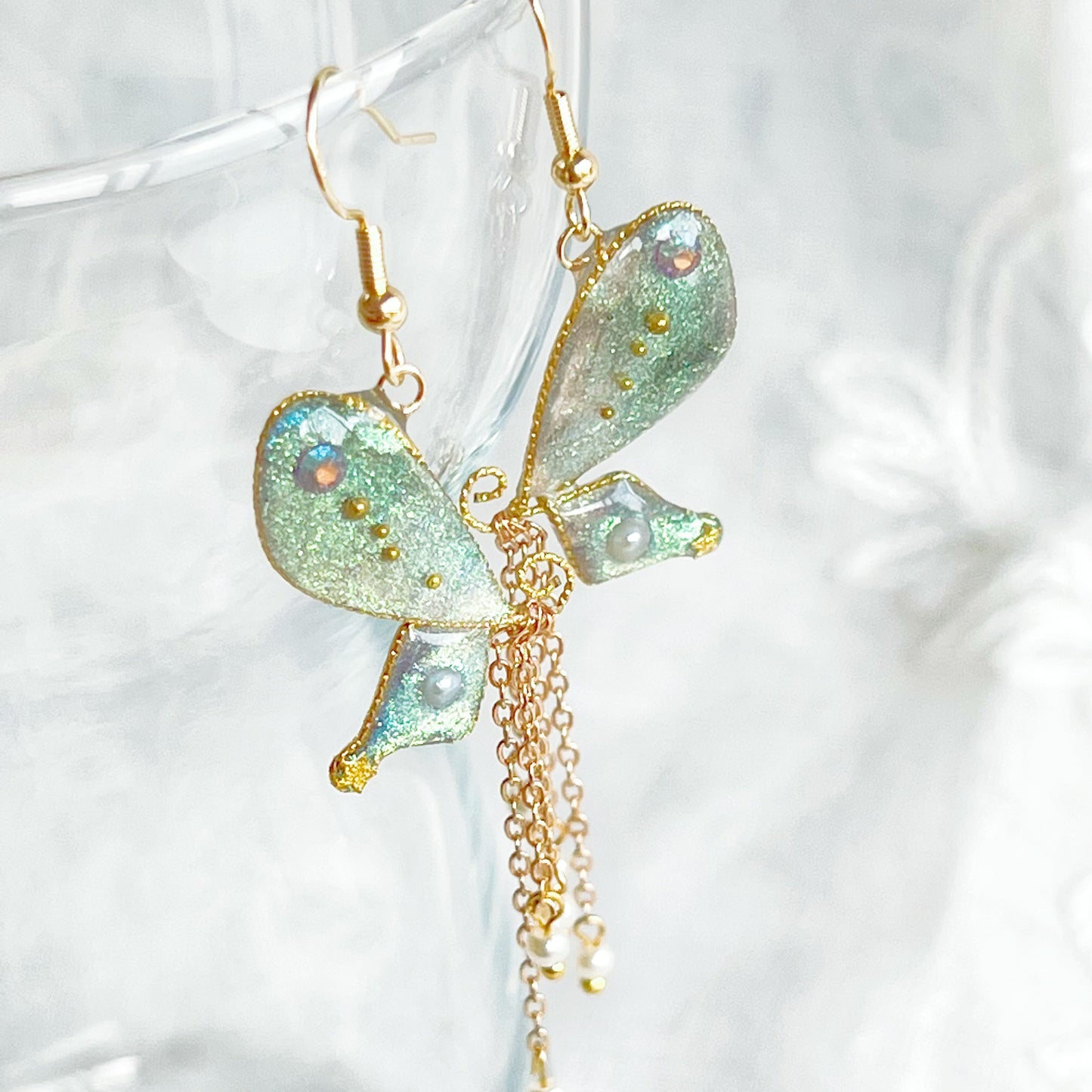 Blue Green Sparkle Glitter Butterfly Wing Earrings-Ninaouity