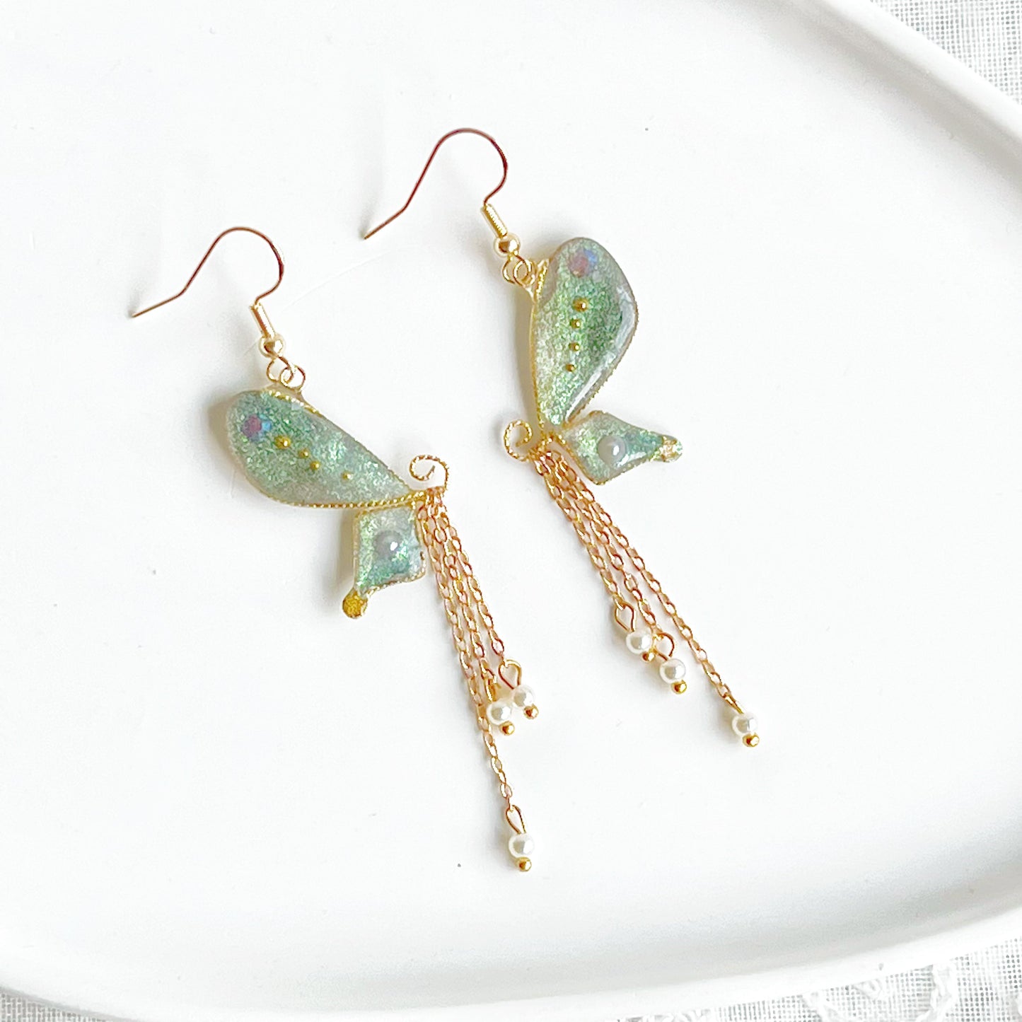 Blue Green Sparkle Glitter Butterfly Wing Earrings-Ninaouity