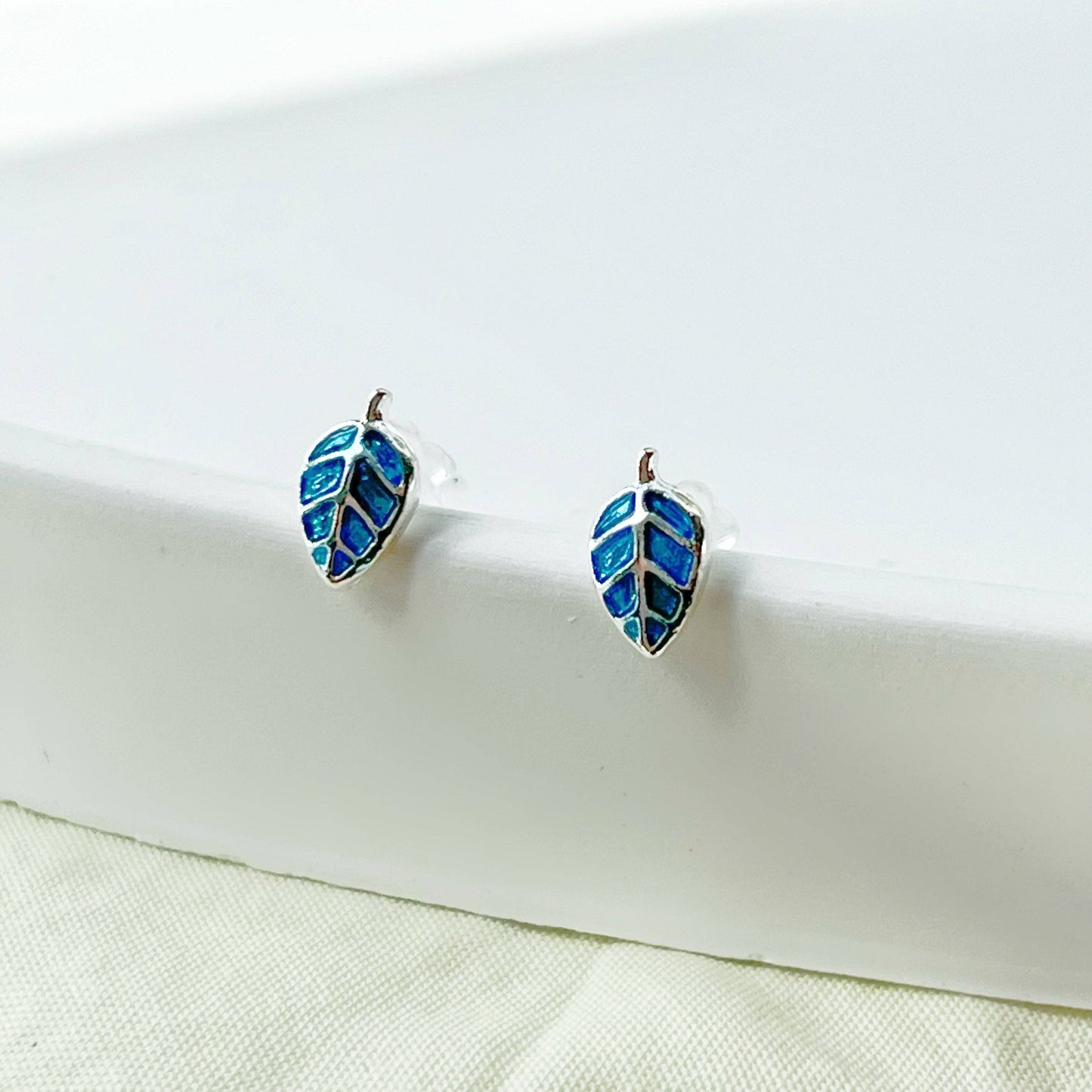 Blue Leaves Silver Stud Earrings-Ninaouity