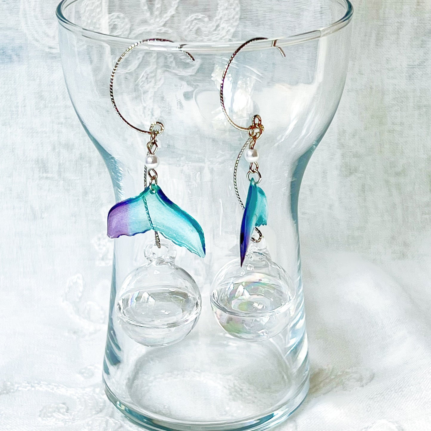 Blue Mermaid Tail and Bubbles Statement Earrings-Ninaouity