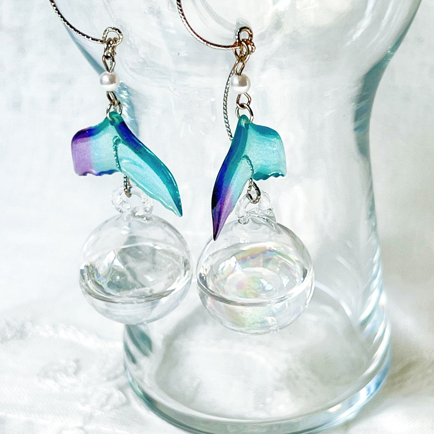Blue Mermaid Tail and Bubbles Statement Earrings-Ninaouity