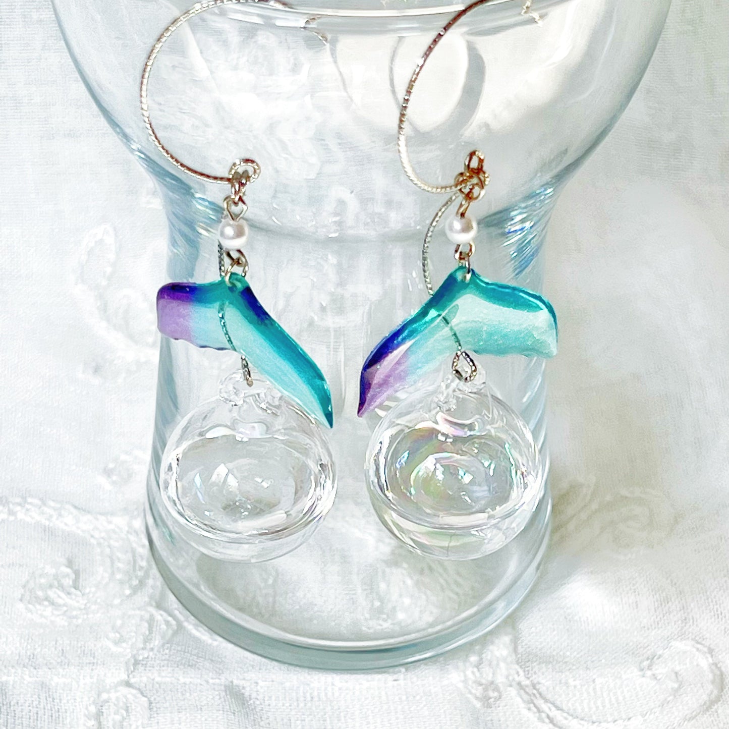 Blue Mermaid Tail and Bubbles Statement Earrings-Ninaouity