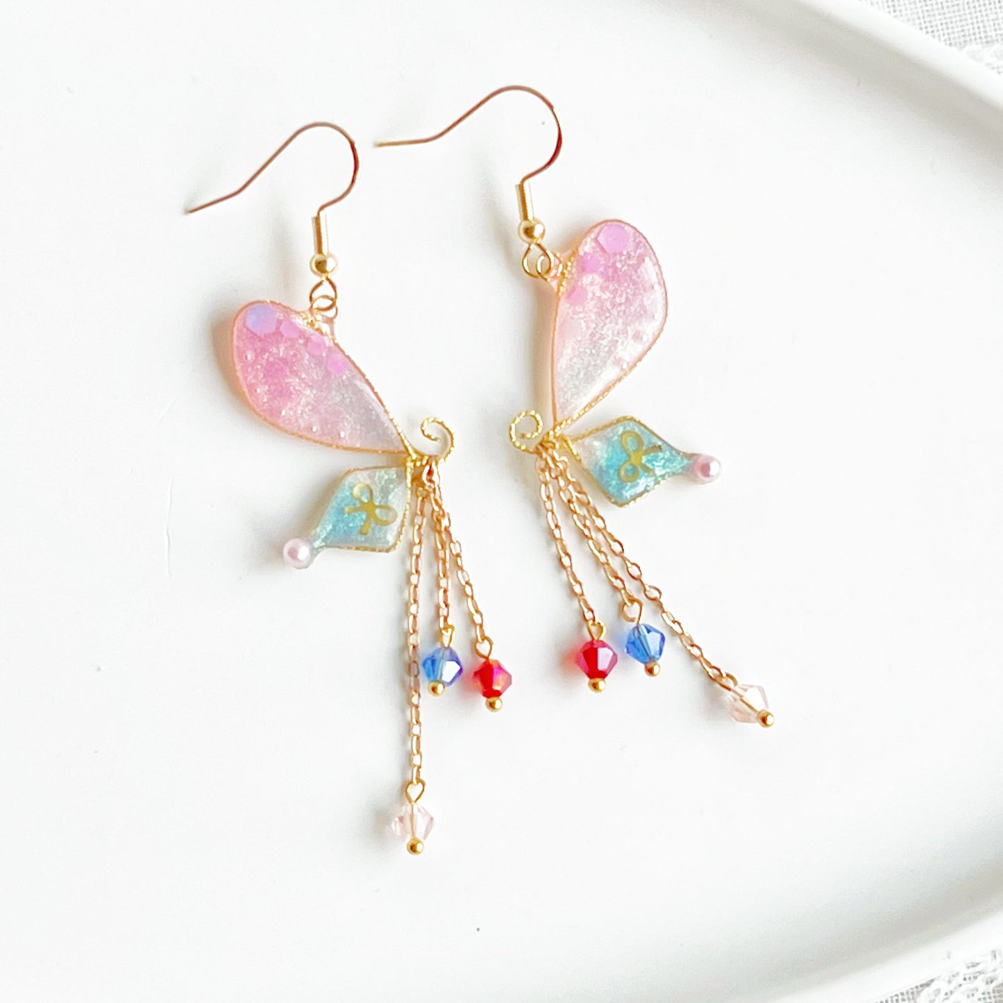 Blue Pink Sparkle Glitter Butterfly Wing Earrings-Ninaouity