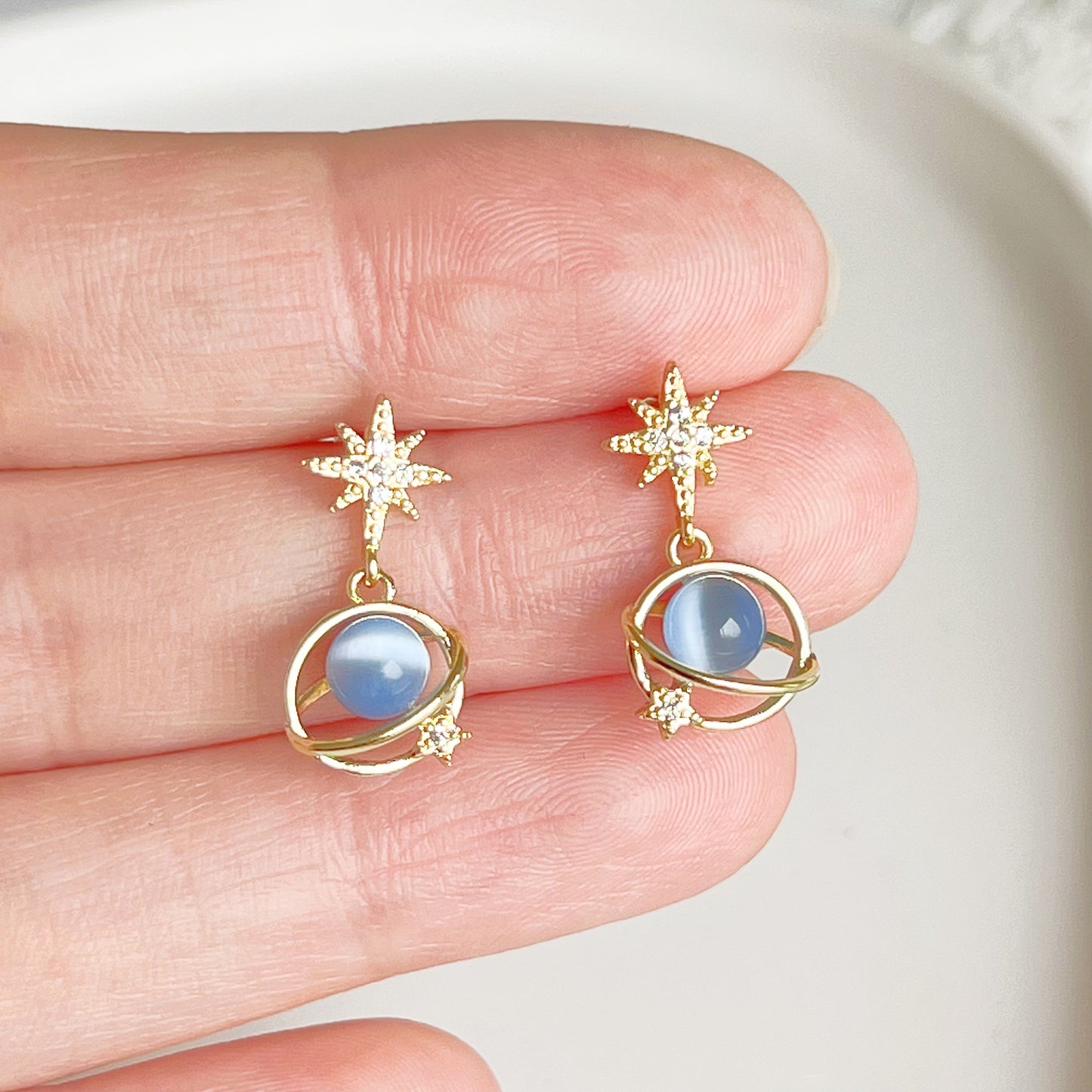 Blue Planet Neptune and Gold Star Earrings-Ninaouity