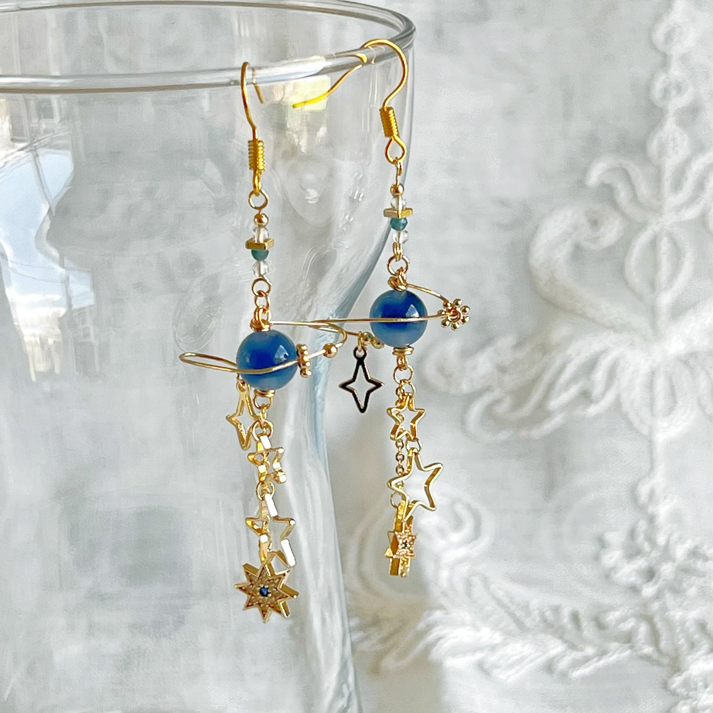 Blue Sugar Heart Agate Planet and Stars Drop Earrings-Ninaouity