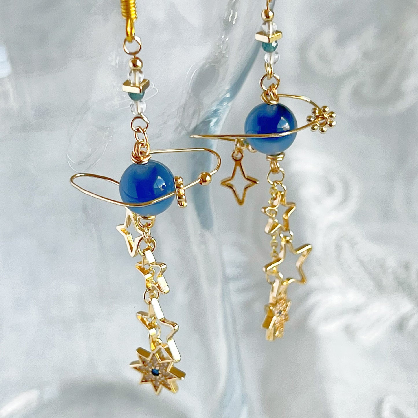 Blue Sugar Heart Agate Planet and Stars Drop Earrings-Ninaouity