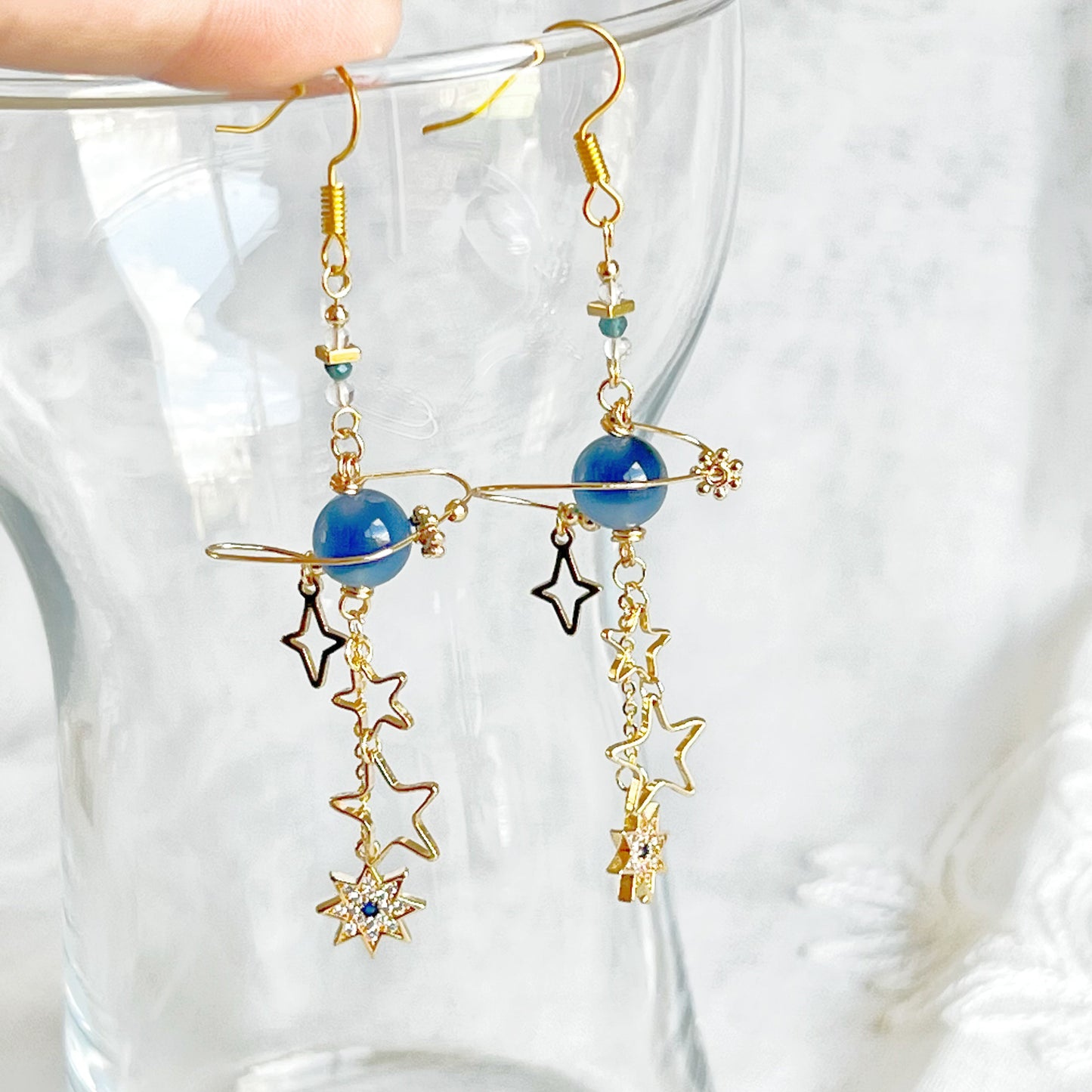 Blue Sugar Heart Agate Planet and Stars Drop Earrings-Ninaouity