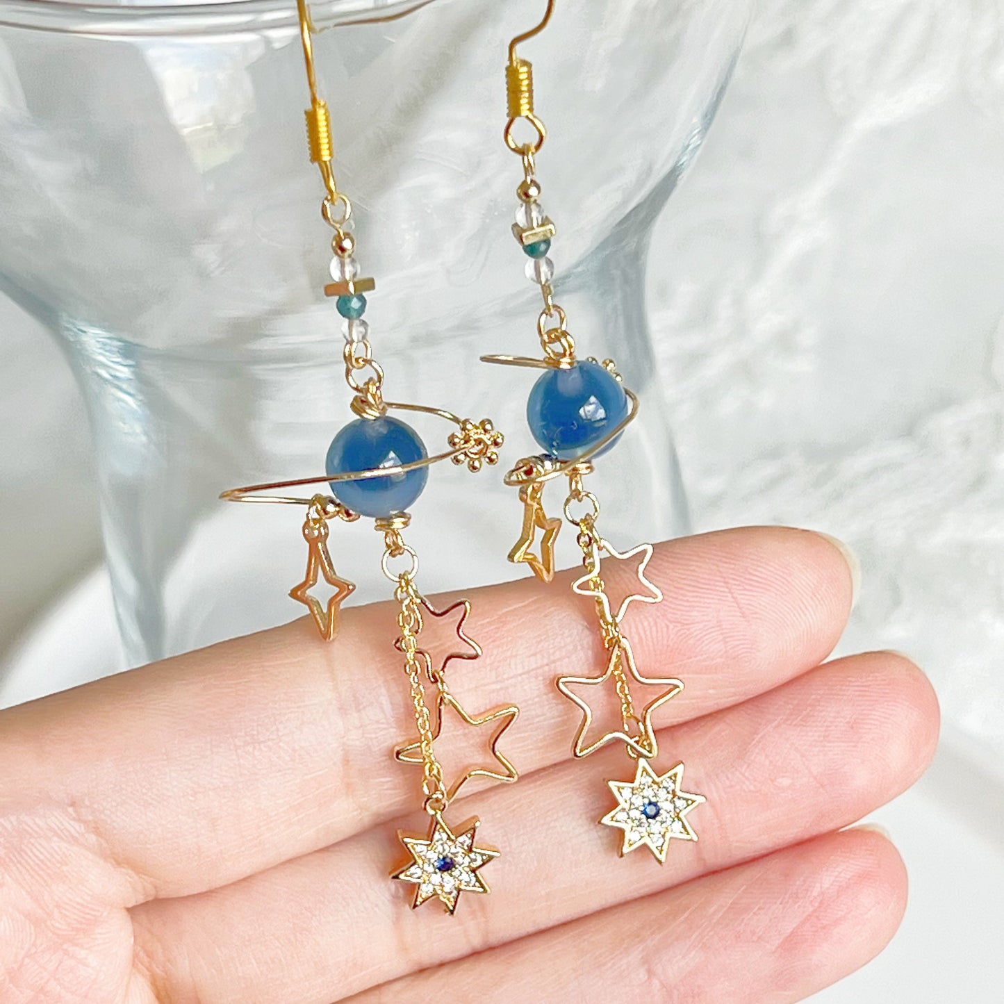 Blue Sugar Heart Agate Planet and Stars Drop Earrings-Ninaouity