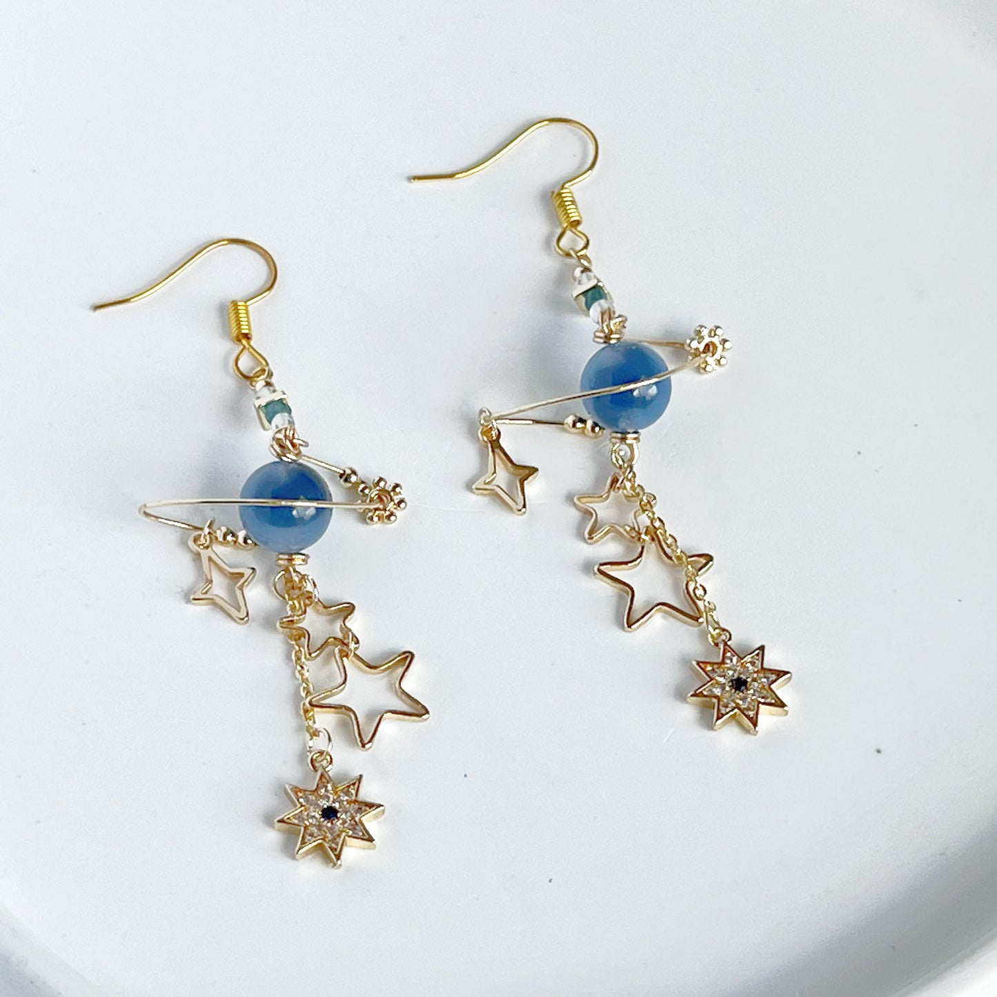Blue Sugar Heart Agate Planet and Stars Drop Earrings-Ninaouity