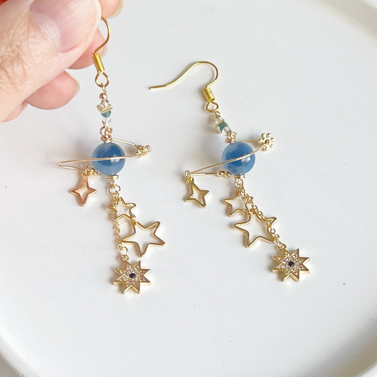 Blue Sugar Heart Agate Planet and Stars Drop Earrings-Ninaouity