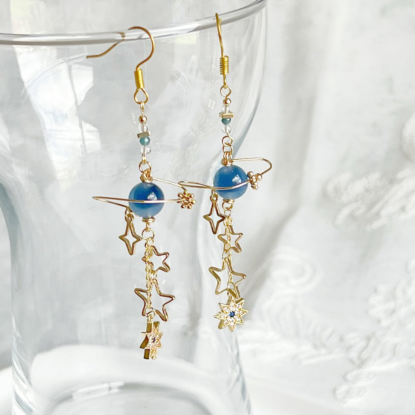 Blue Sugar Heart Agate Planet and Stars Drop Earrings-Ninaouity