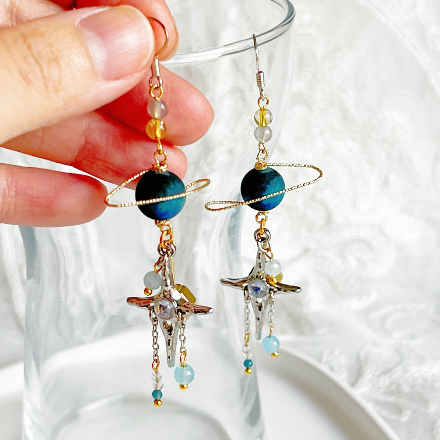 Blue Tiger's Eye Planet and North Star Earrings-Ninaouity