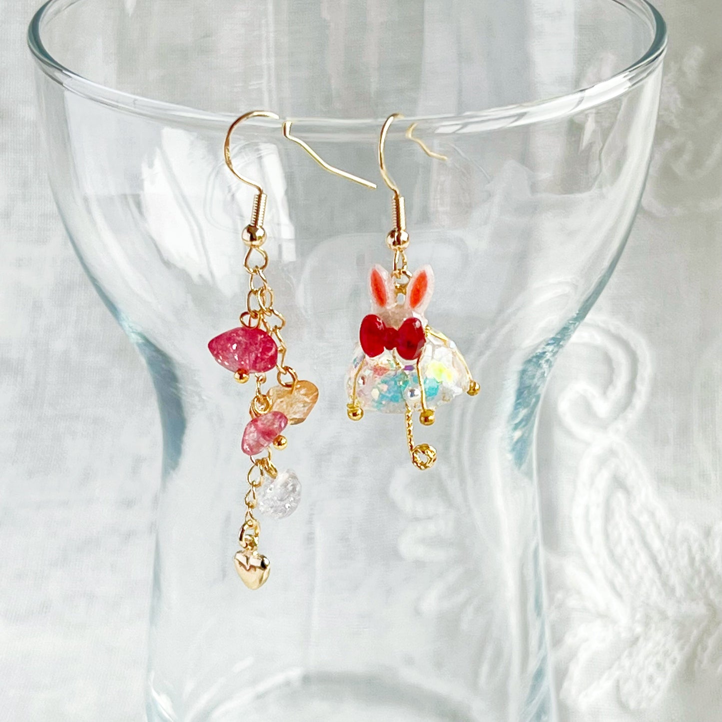 Bunny Ears with Red Bow Umbrella Rainbow Stones Mismatch Drop Earrings-Ninaouity