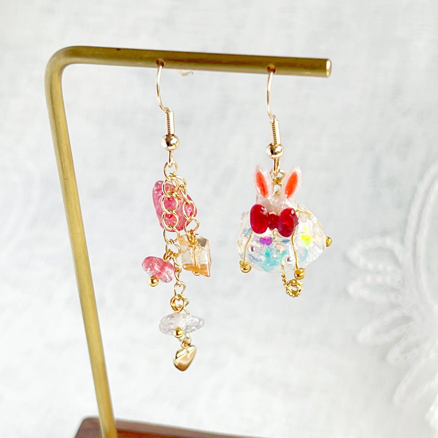Bunny Ears with Red Bow Umbrella Rainbow Stones Mismatch Drop Earrings-Ninaouity