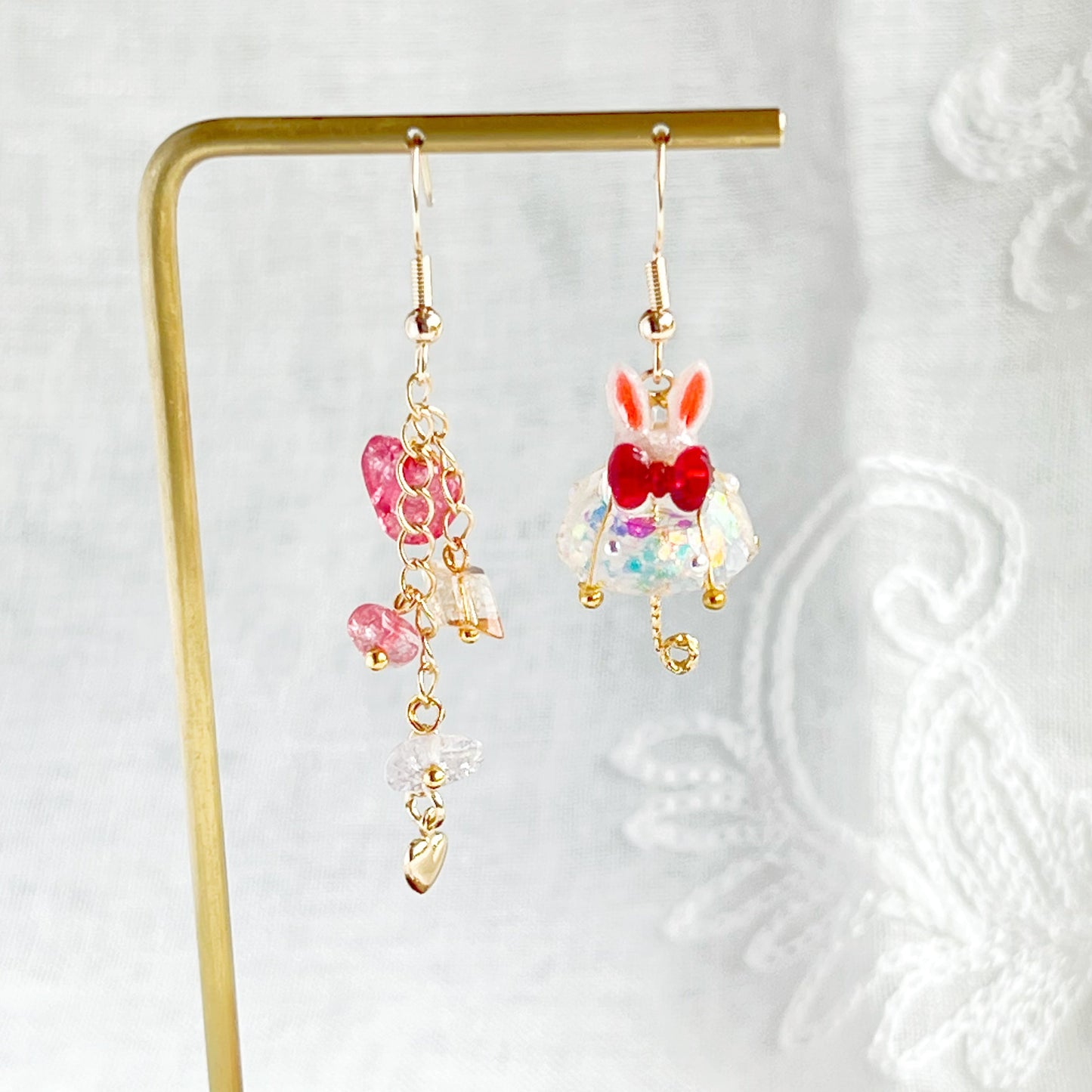 Bunny Ears with Red Bow Umbrella Rainbow Stones Mismatch Drop Earrings-Ninaouity