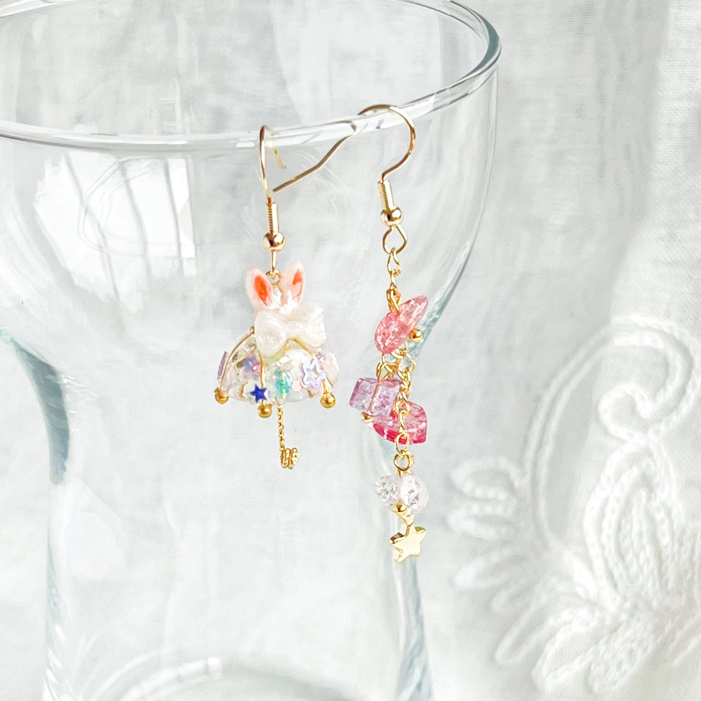 Bunny Ears with White Bow Umbrella Rainbow Stones Mismatch Drop Earrings-Ninaouity