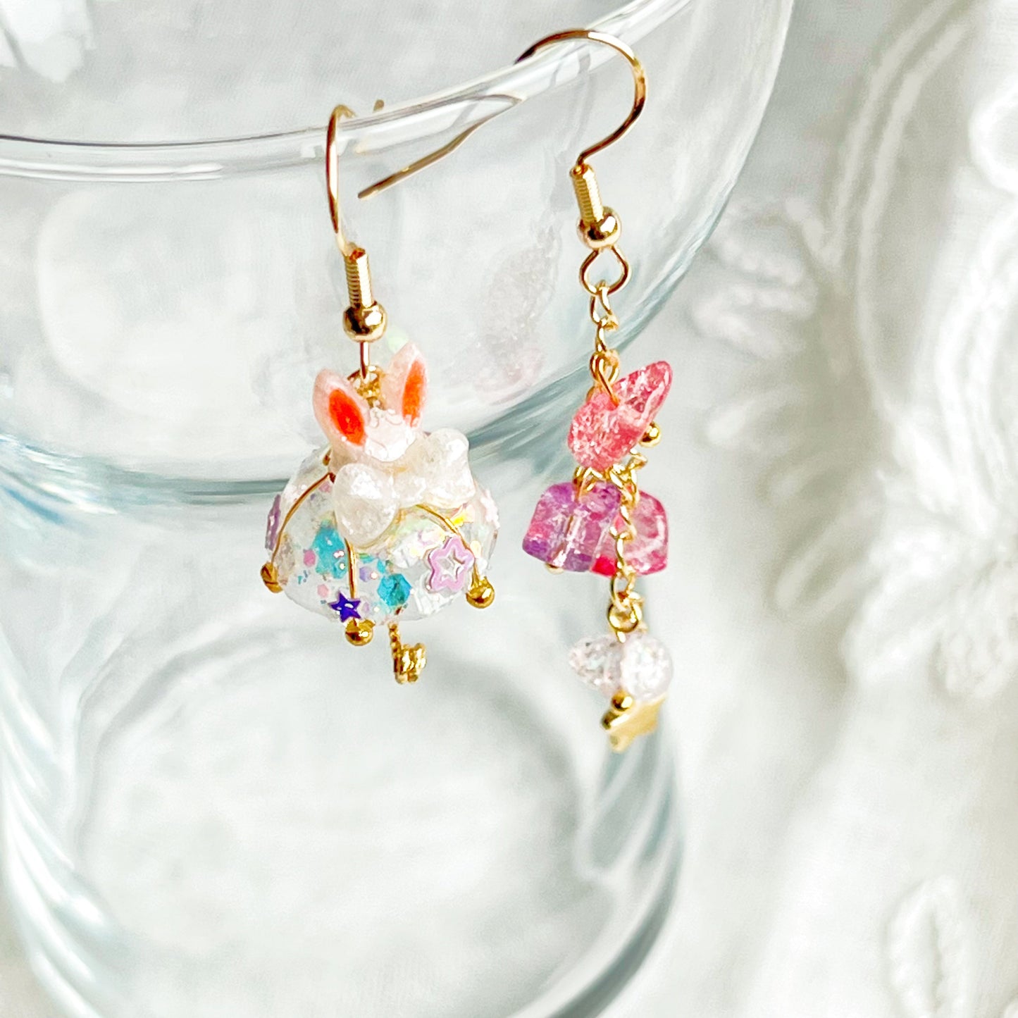 Bunny Ears with White Bow Umbrella Rainbow Stones Mismatch Drop Earrings-Ninaouity