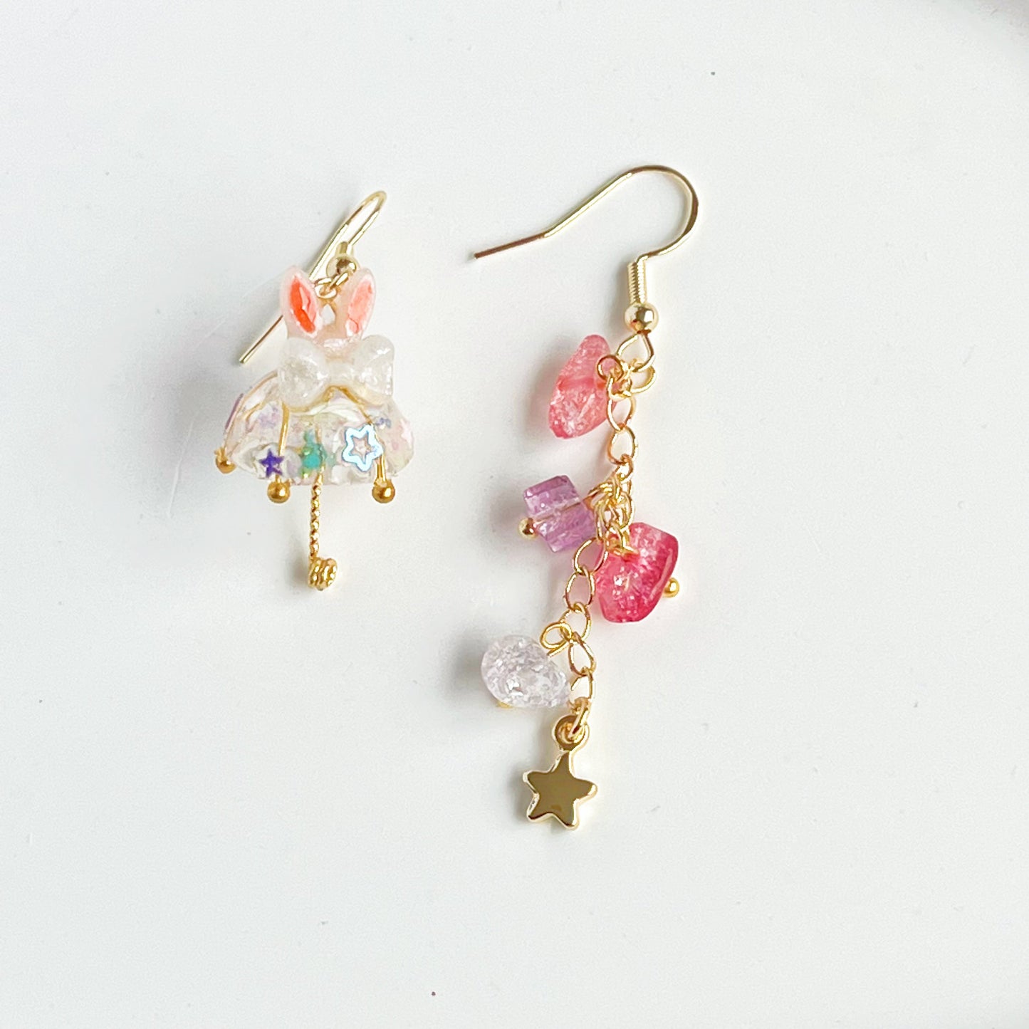 Bunny Ears with White Bow Umbrella Rainbow Stones Mismatch Drop Earrings-Ninaouity