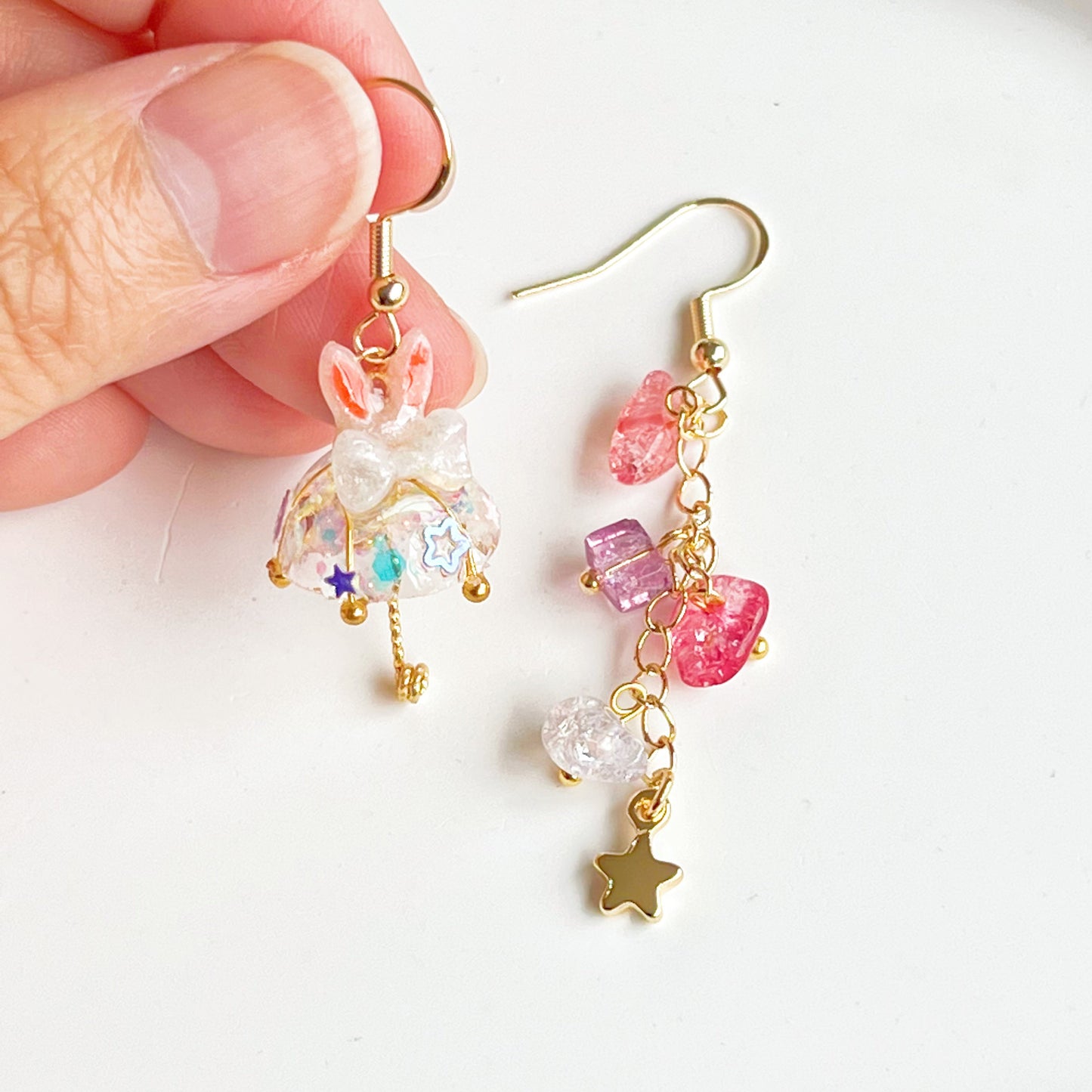 Bunny Ears with White Bow Umbrella Rainbow Stones Mismatch Drop Earrings-Ninaouity