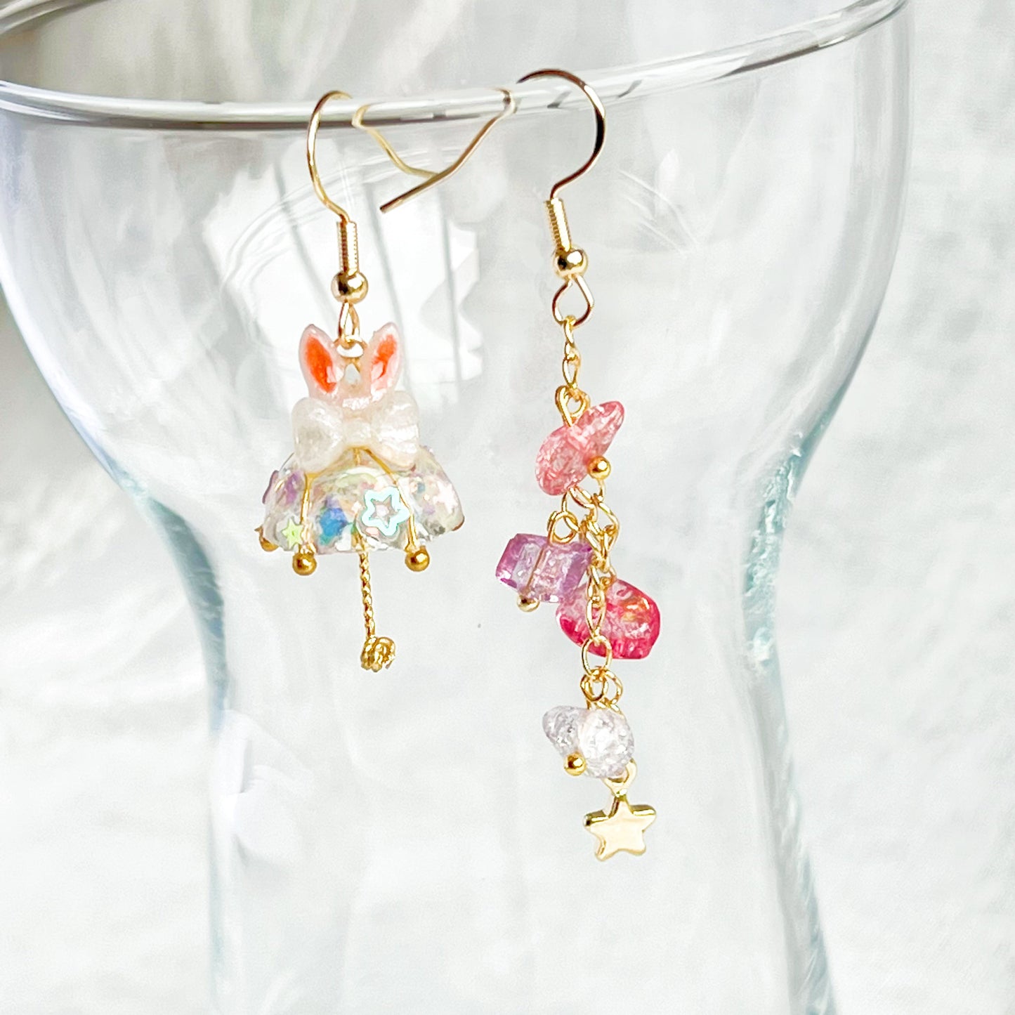 Bunny Ears with White Bow Umbrella Rainbow Stones Mismatch Drop Earrings-Ninaouity