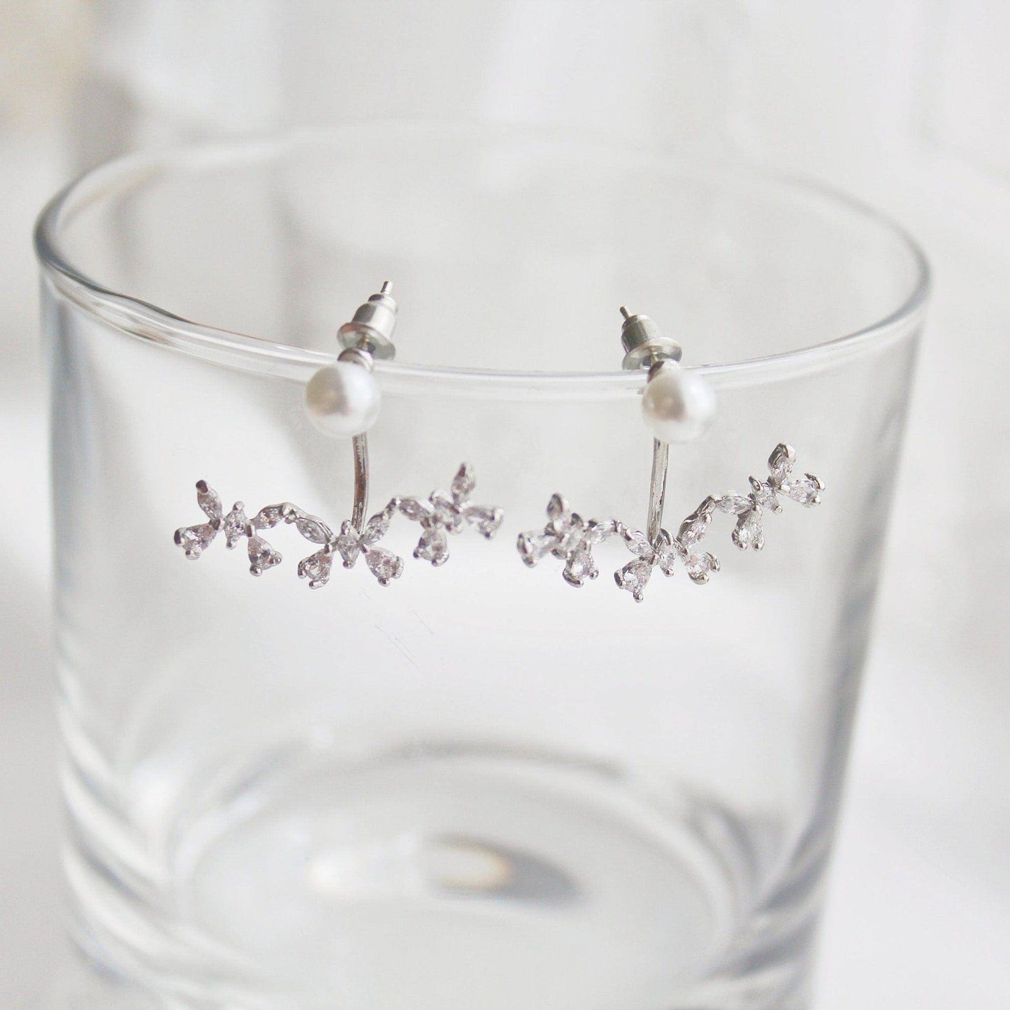 Butterflies Ear Jackets - Crystal and Pearl Two Way to Wear Earrings-Ninaouity