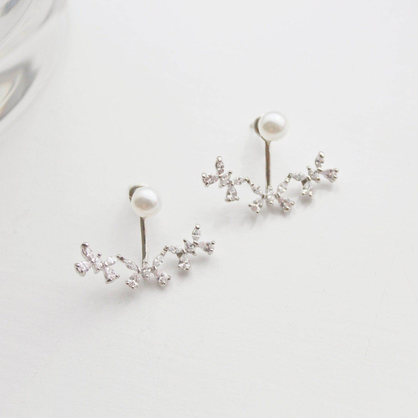 Butterflies Ear Jackets - Crystal and Pearl Two Way to Wear Earrings-Ninaouity