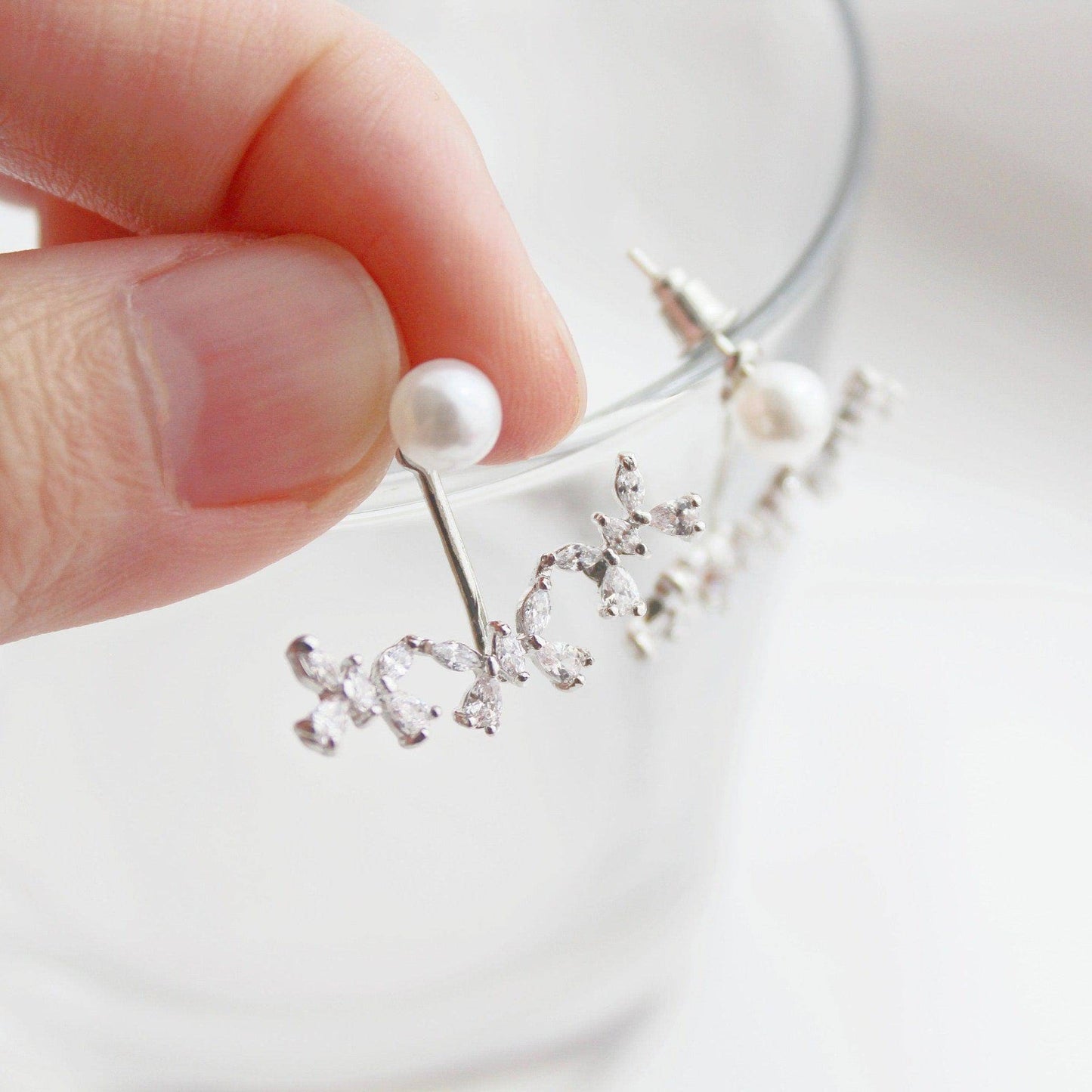 Butterflies Ear Jackets - Crystal and Pearl Two Way to Wear Earrings-Ninaouity
