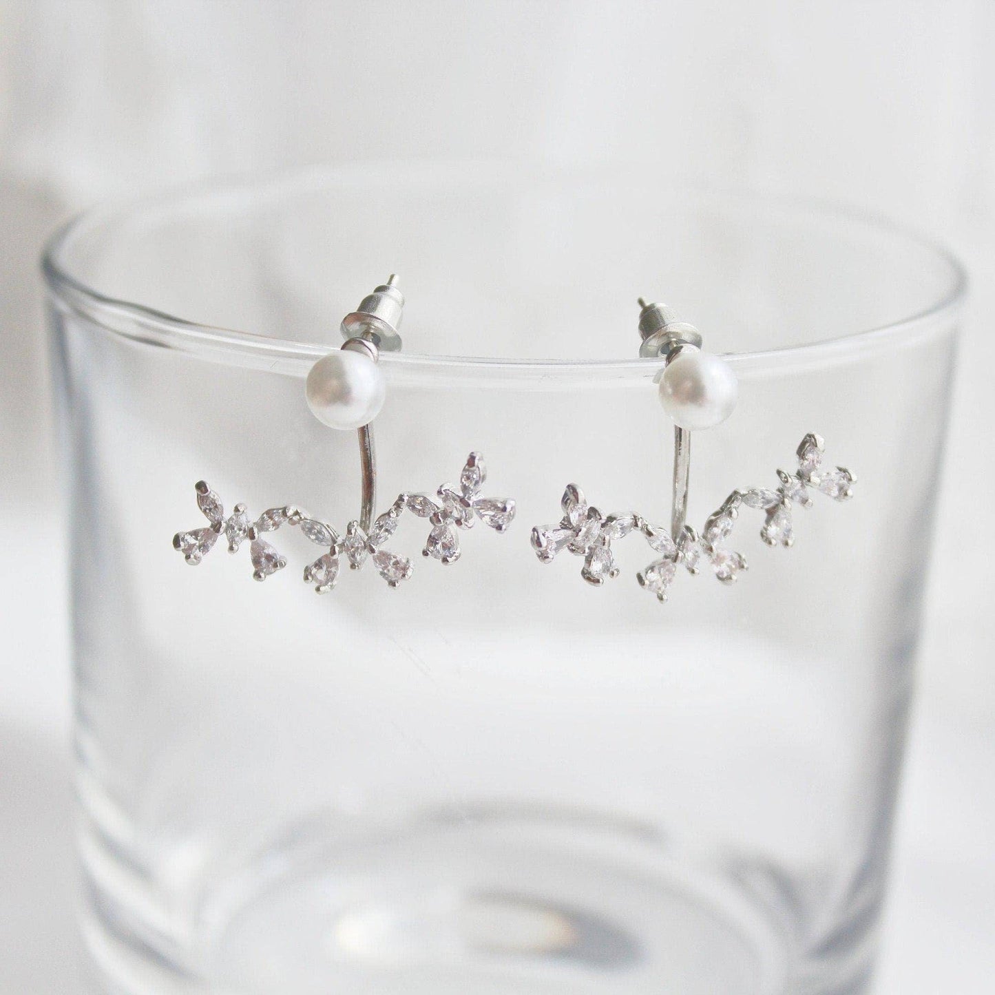 Butterflies Ear Jackets - Crystal and Pearl Two Way to Wear Earrings-Ninaouity