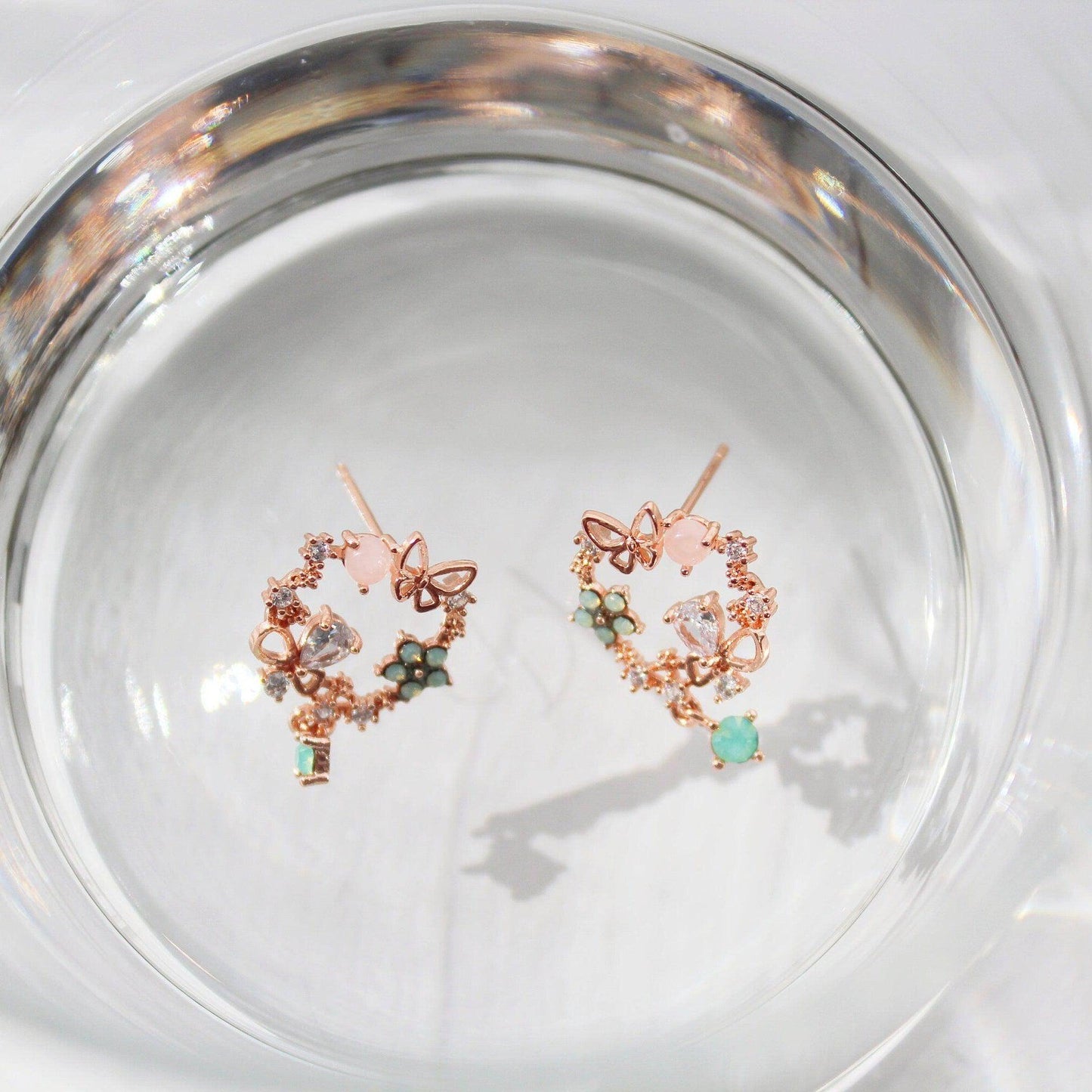 Butterfly in Flower Earrings - Wreath with Tiny Green Crystal Drop Earrings-Ninaouity