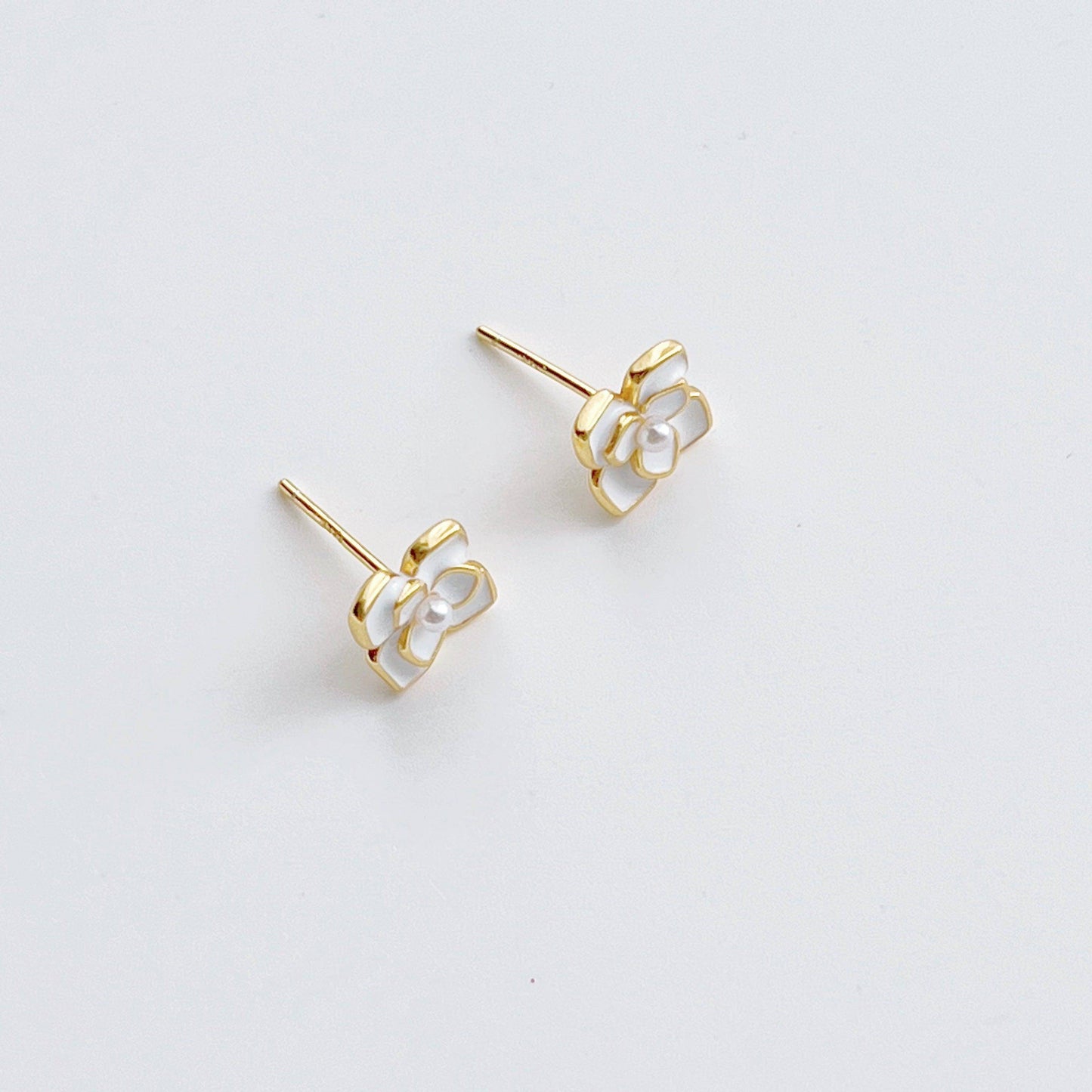 Camellia earrings - White Camellia Flower Shape Sterling Silver Stud Earrings-Ninaouity
