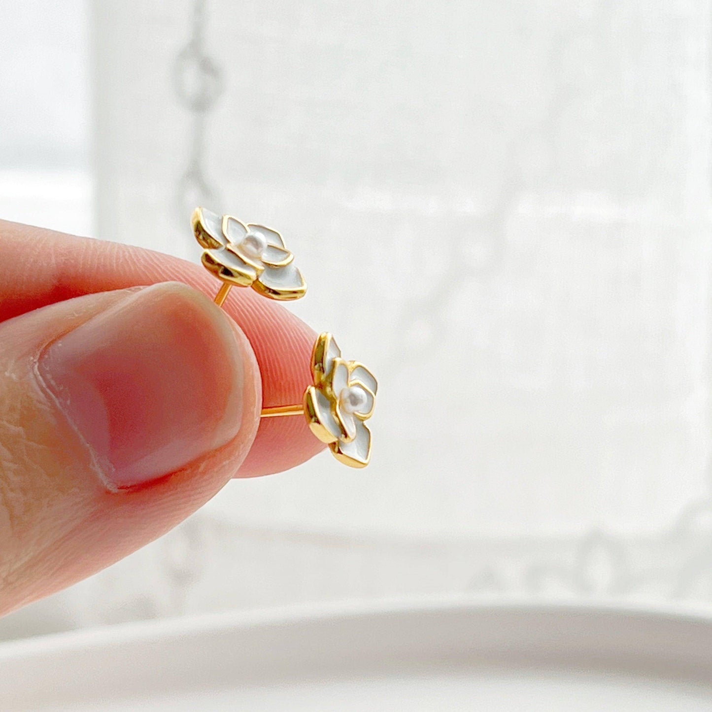 Camellia earrings - White Camellia Flower Shape Sterling Silver Stud Earrings-Ninaouity