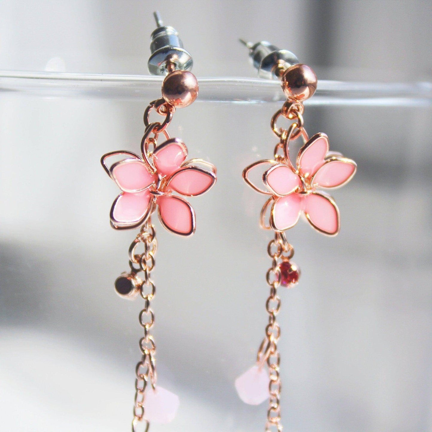 Cherry Flower Earrings - Pink Five Petals Flower Dangle Drop Earrings-Ninaouity