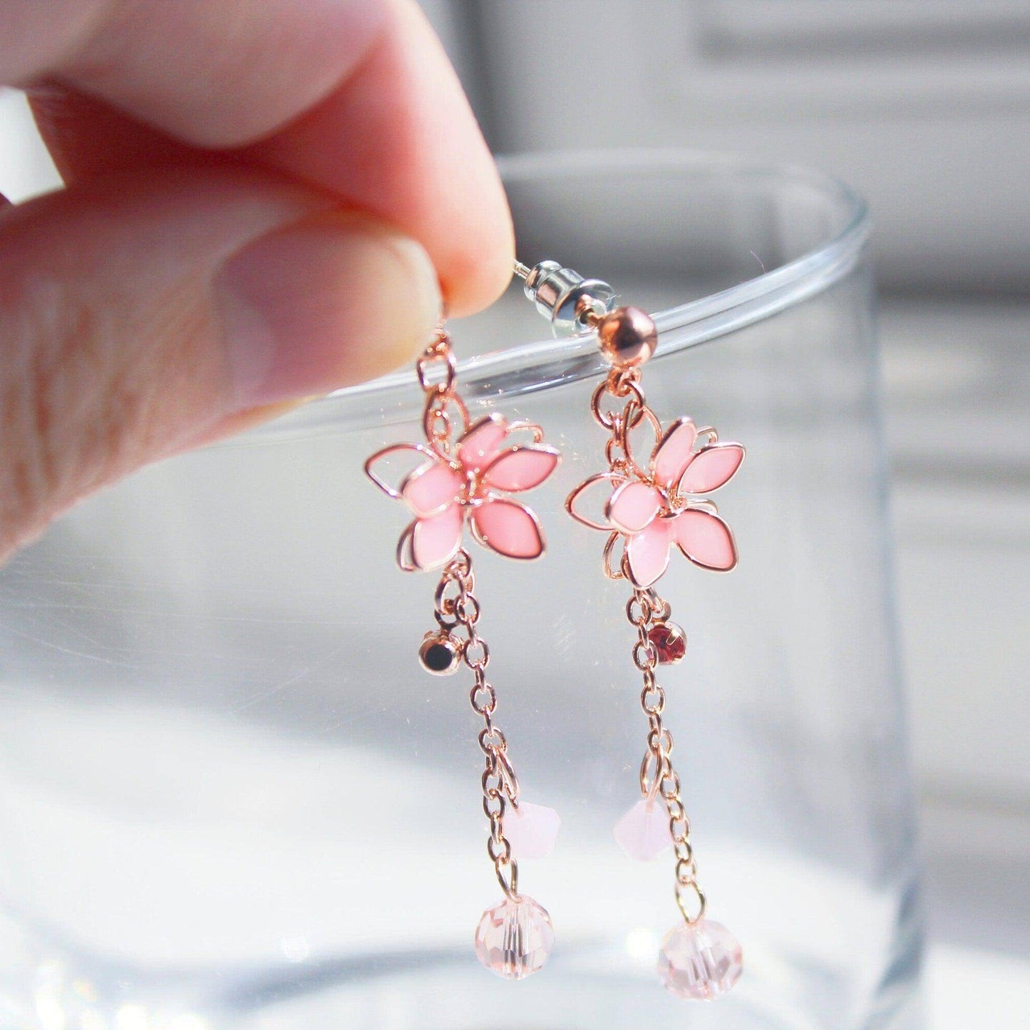 Cherry Flower Earrings - Pink Five Petals Flower Dangle Drop Earrings-Ninaouity